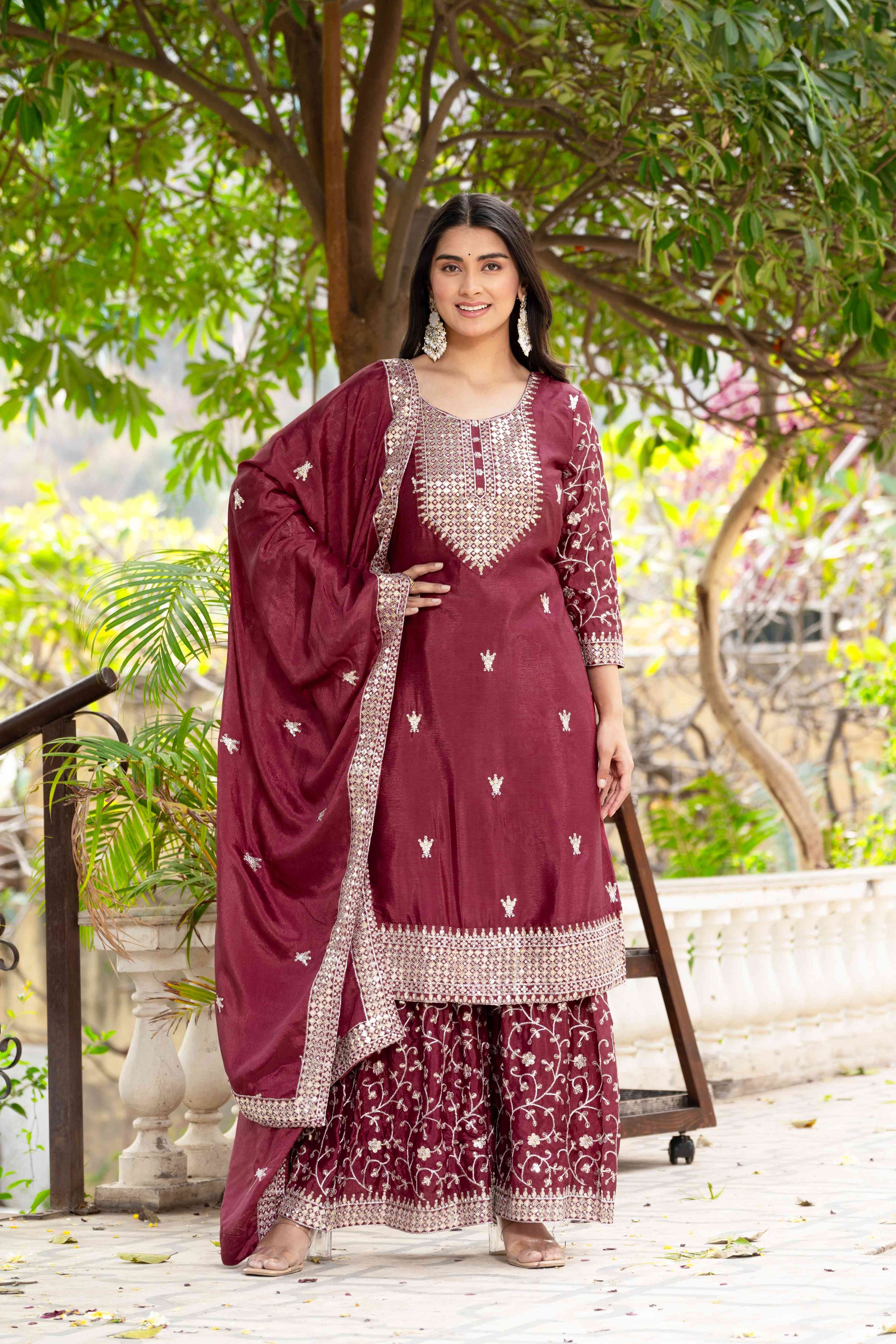 Adorable Maroon Chinon Sequence Embroidery Wedding Wear Sharara Suit With Dupatta