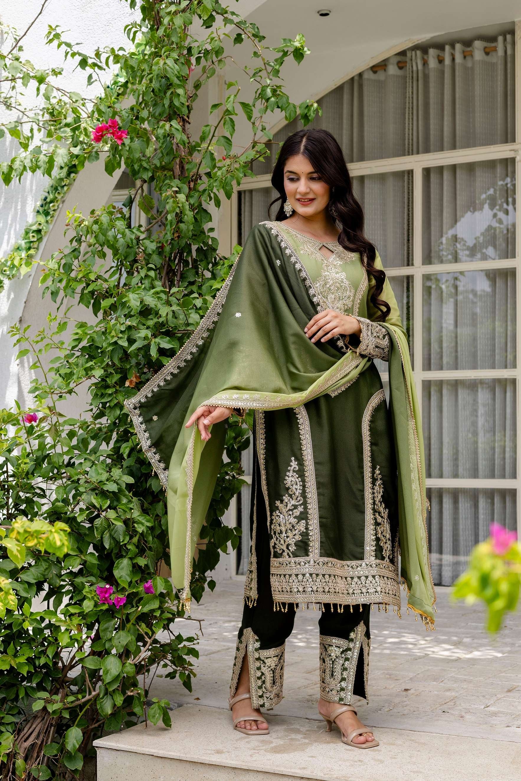 Incredible Olive green pedding Embroidery Sequence Work Festival Wear Pant Suit