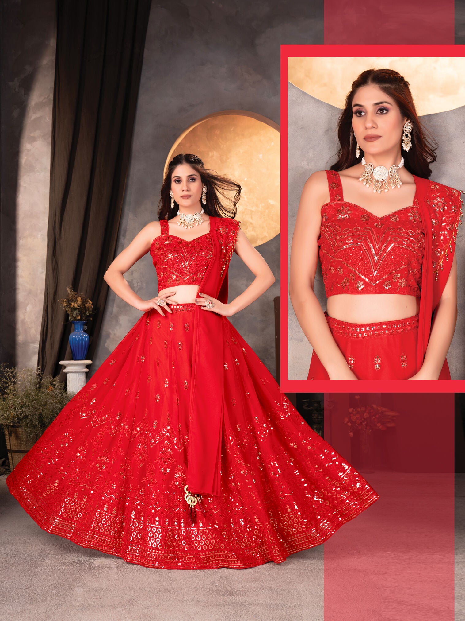 Elelegant Red Georgette Embroidery Sequence Designer Traditional Wear Lehenga Choli With Dupatta