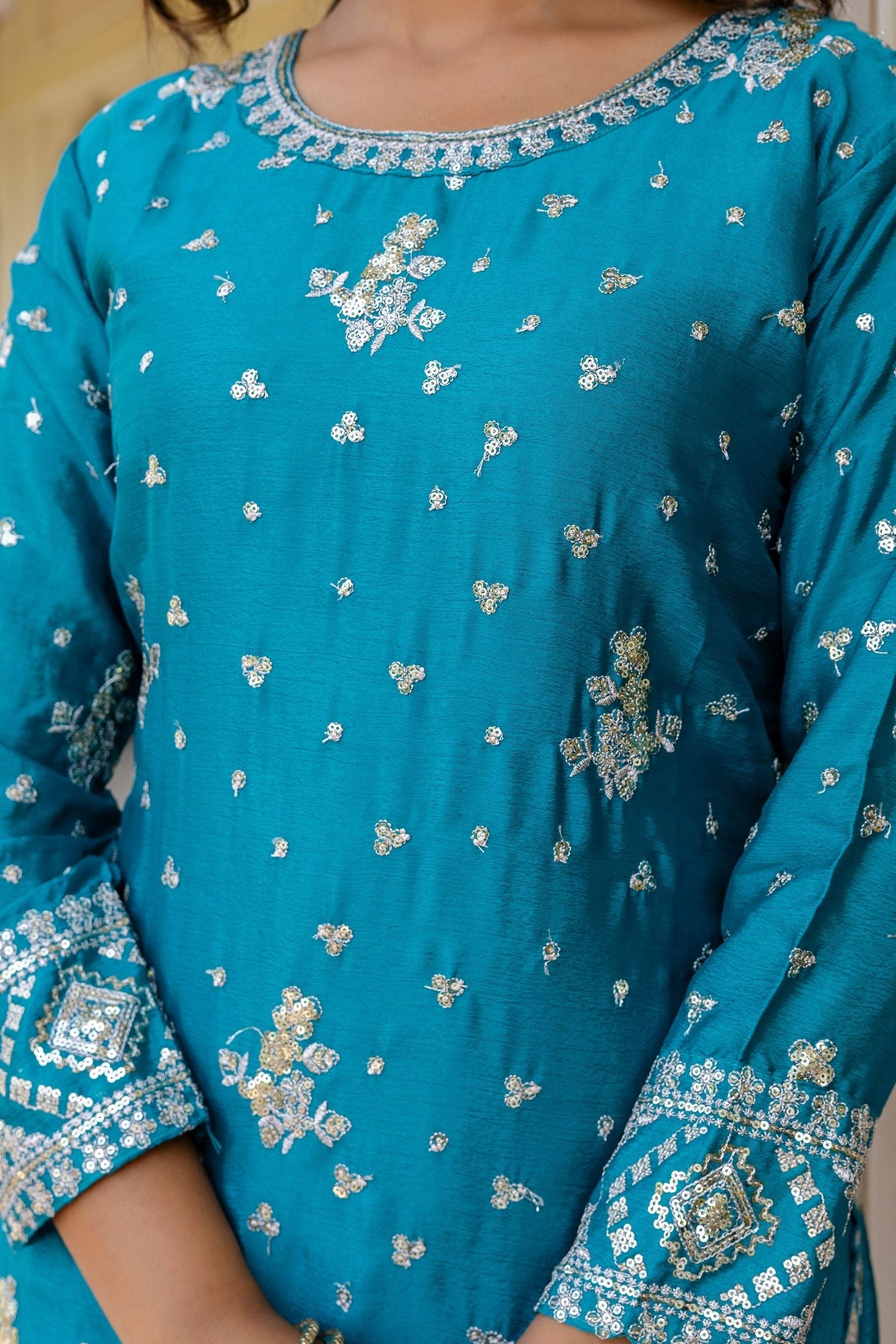 Incredible Teal Blue Chinon Embroidery Sequence Party Wear Sharara Suit With Dupatta