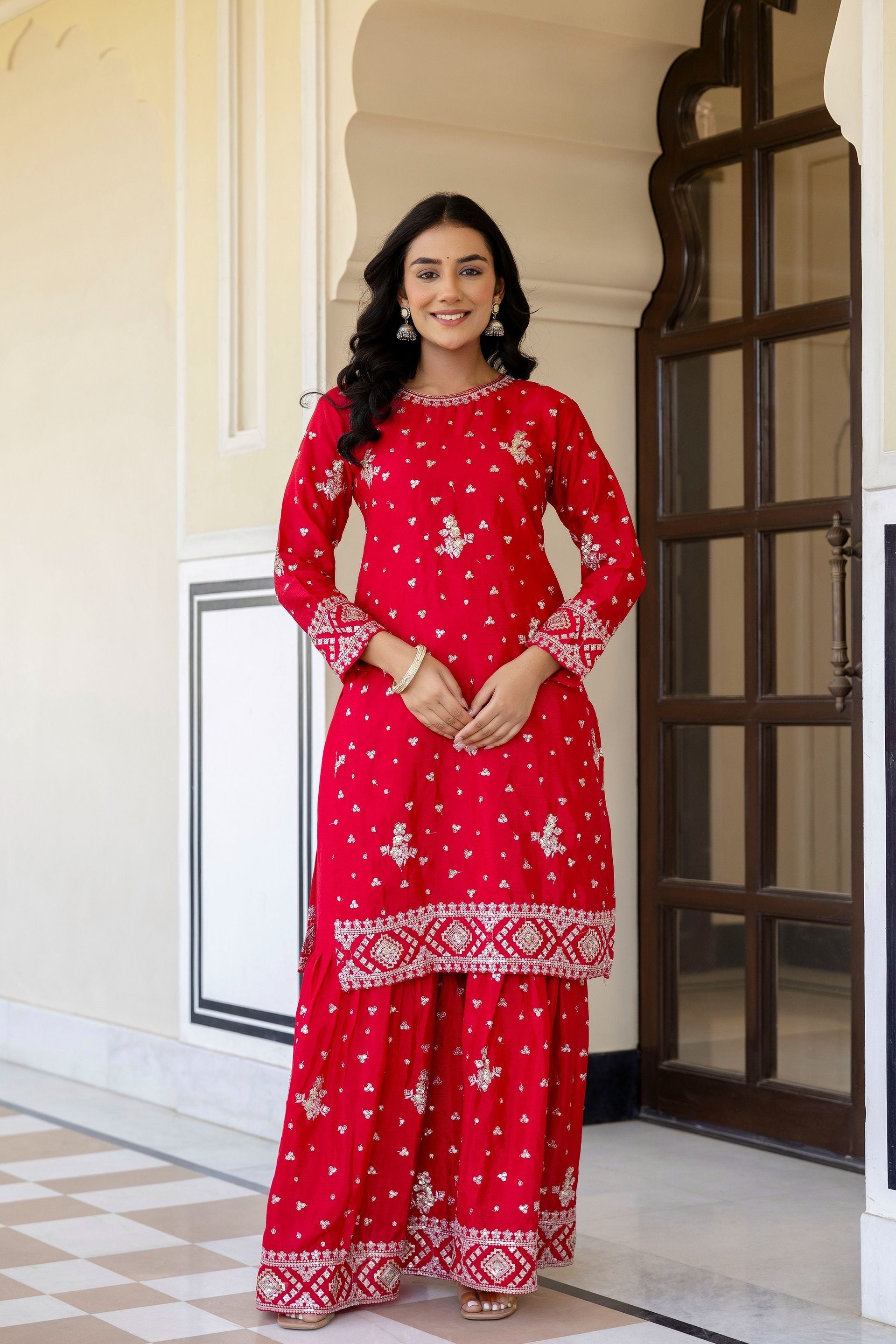 Vibrant Red Chinon Embroidery Sequence Wedding Wear Sharara Suit With Dupatta