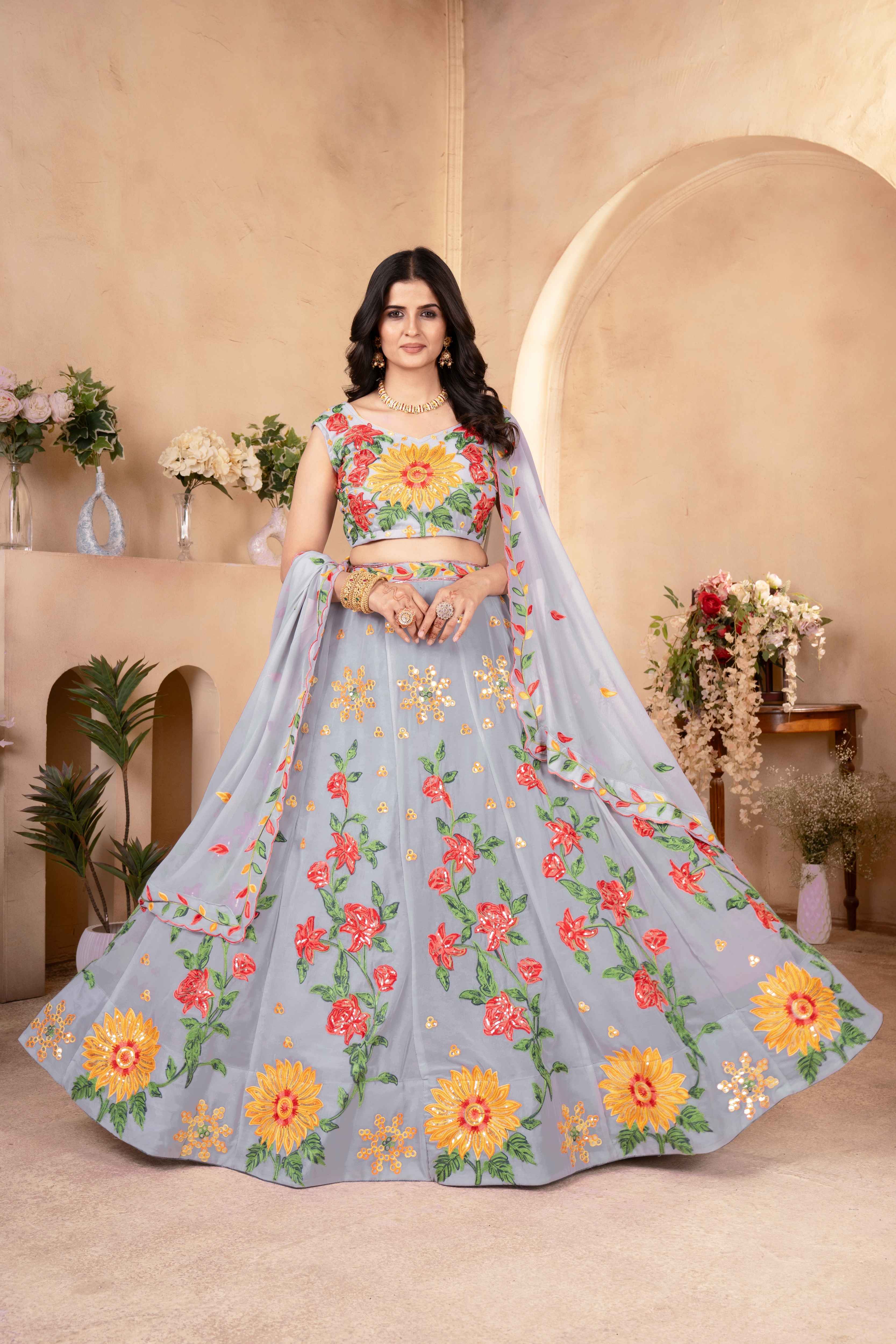 Amazing Grey Floral Embroidered  Event Wear Lehenga Choli With Dupatta