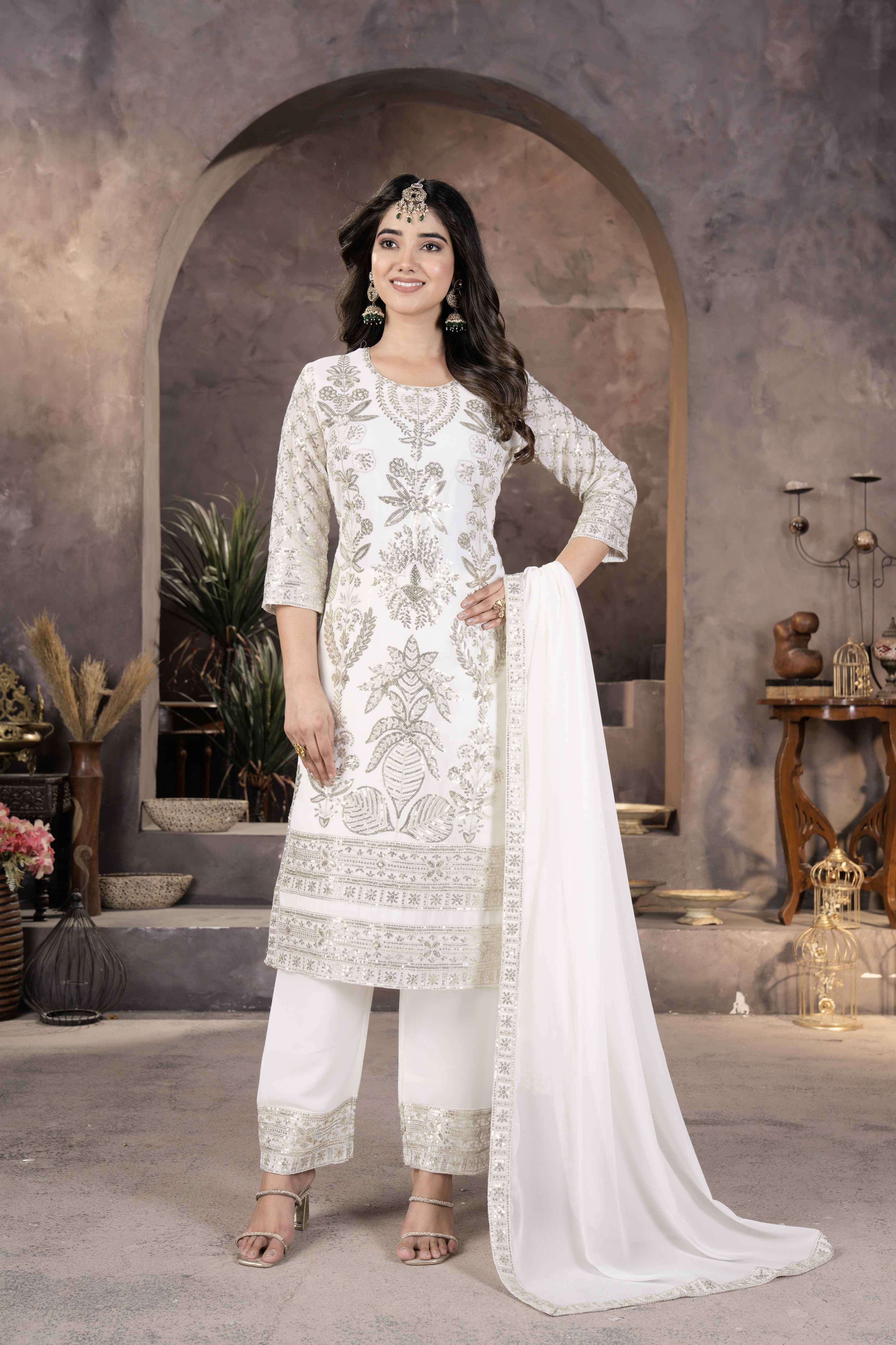 Fablous White Georgette Enbroidery Sequinc Party Wear Pant Suit With Dupatta