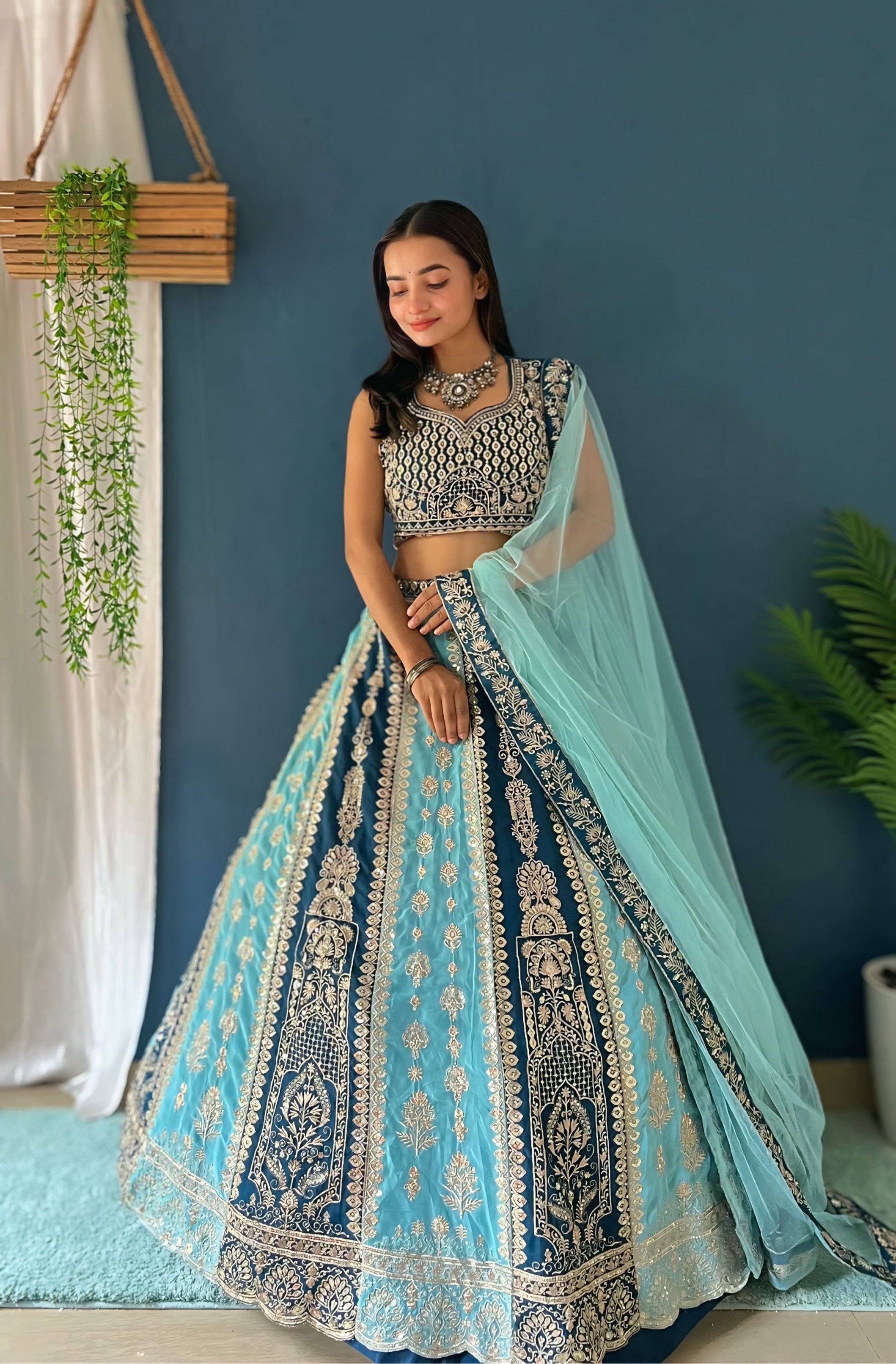 Attractive Aqua Zari Work Designer Lehenga Beautiful Patterned choli & Dupatta