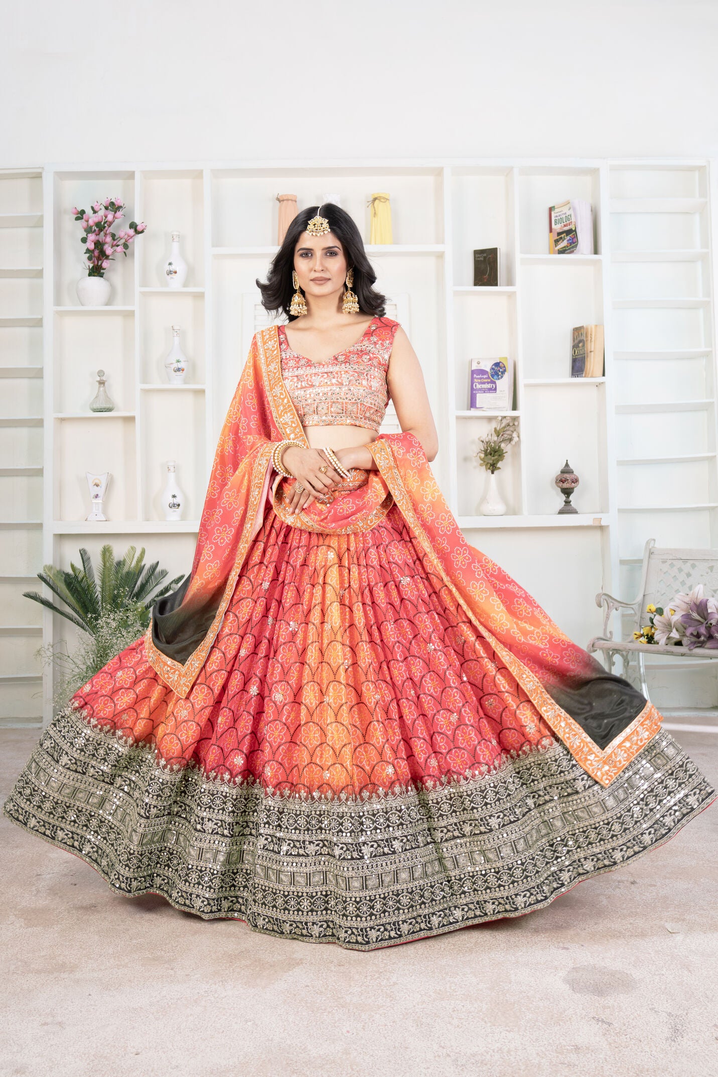 Pretty Radiant Orange Digital Print Sequence Bandhni Designer Lehenga Choli With Dupatta