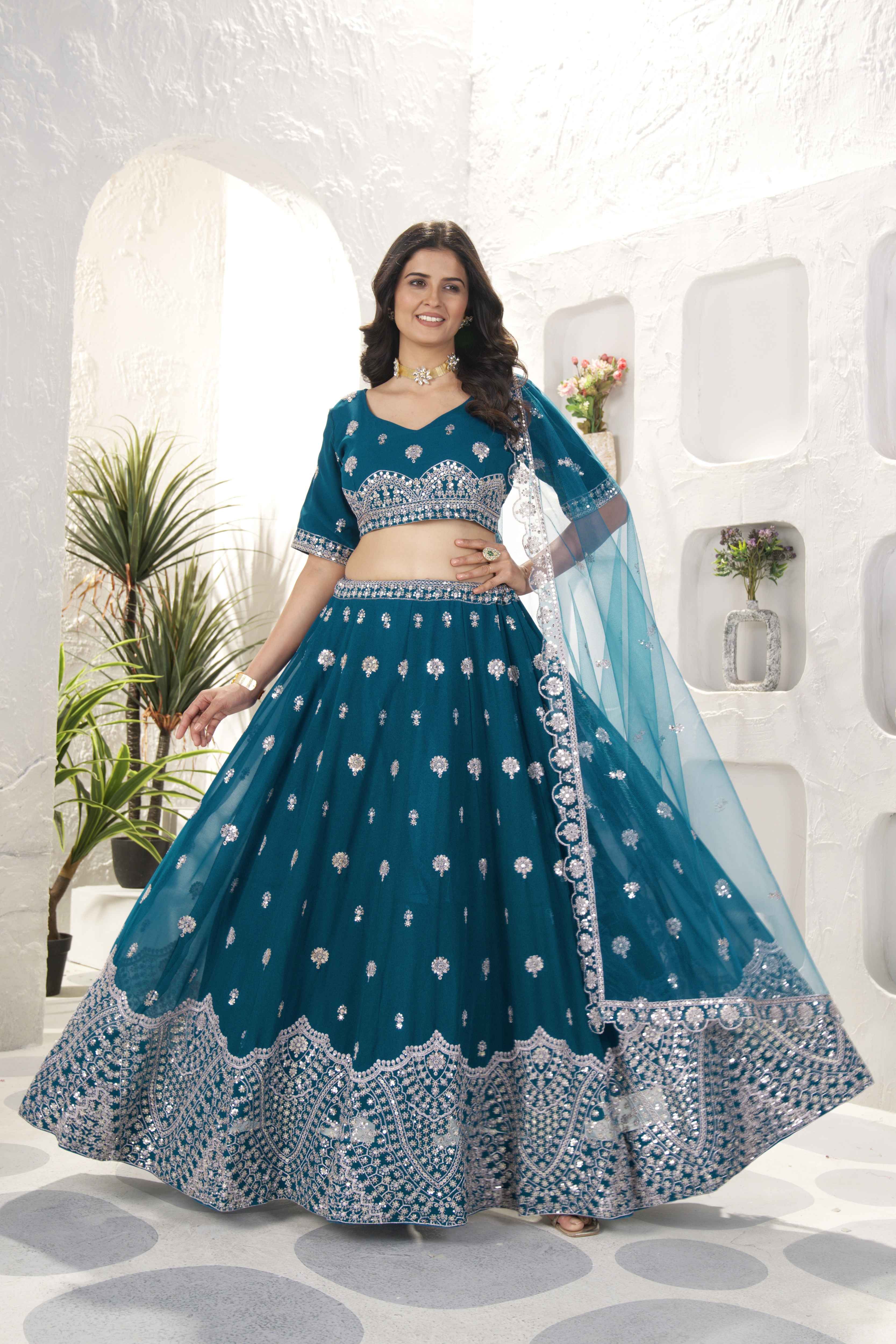 TImeless Teal Blue Embroidery Sequence Party Wear Designer Lehenga Choli & Dupatta