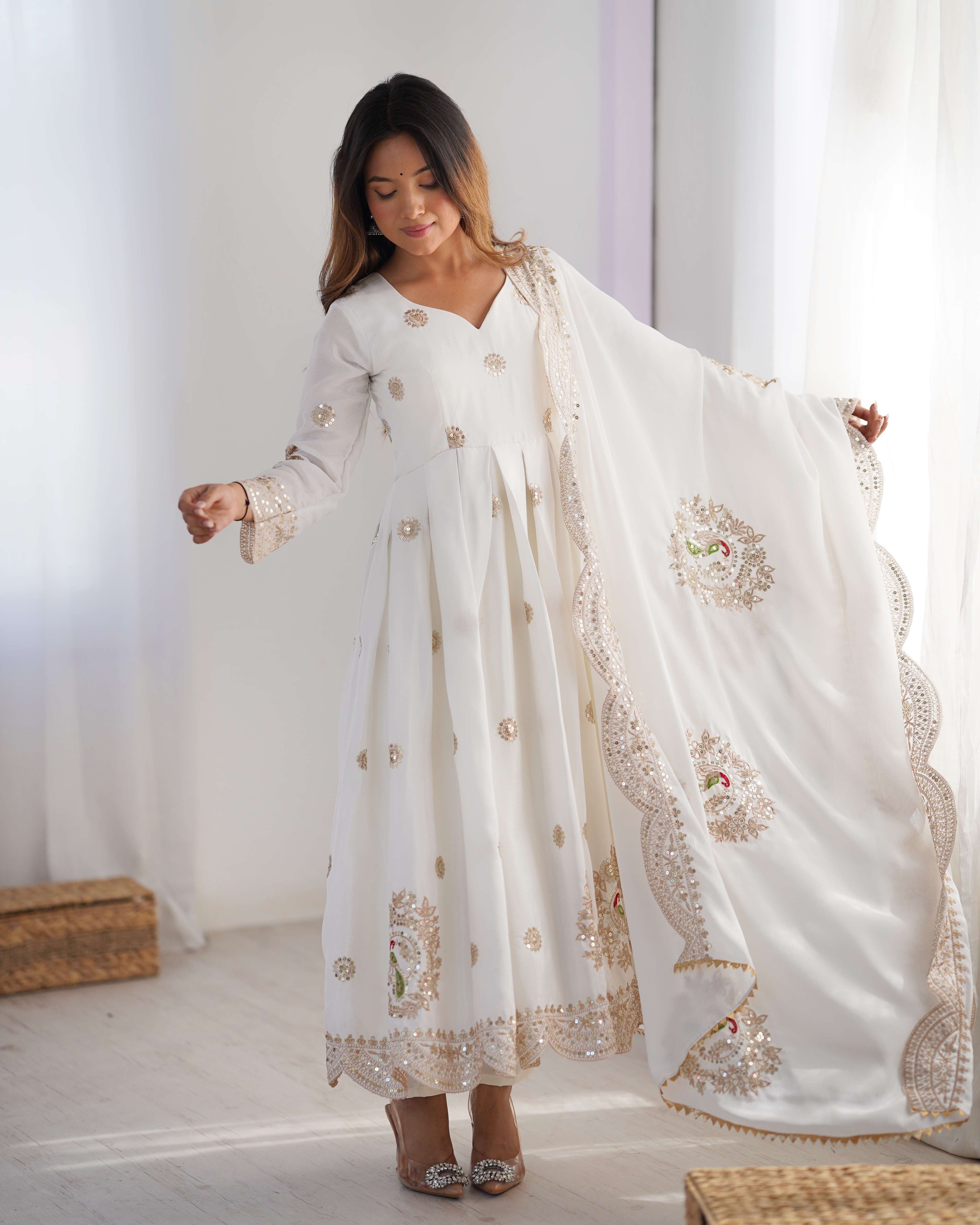 Spectacular White Sequence Designer Chinon Anarkali Suit With Dupatta