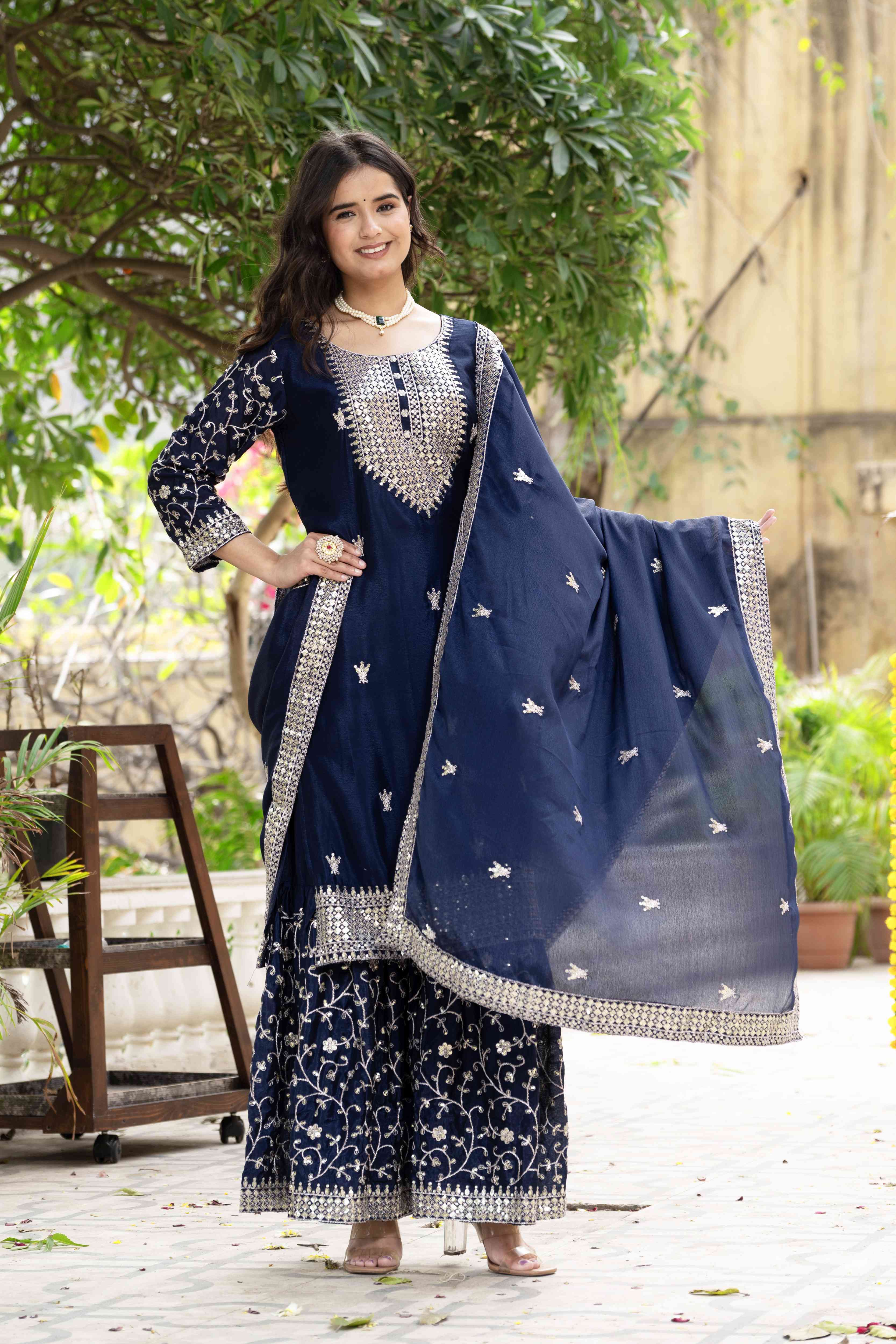 Enchanting Navy Blue Chinon Sequence Embroidery Wedding Wear Sharara Suit With Dupatta