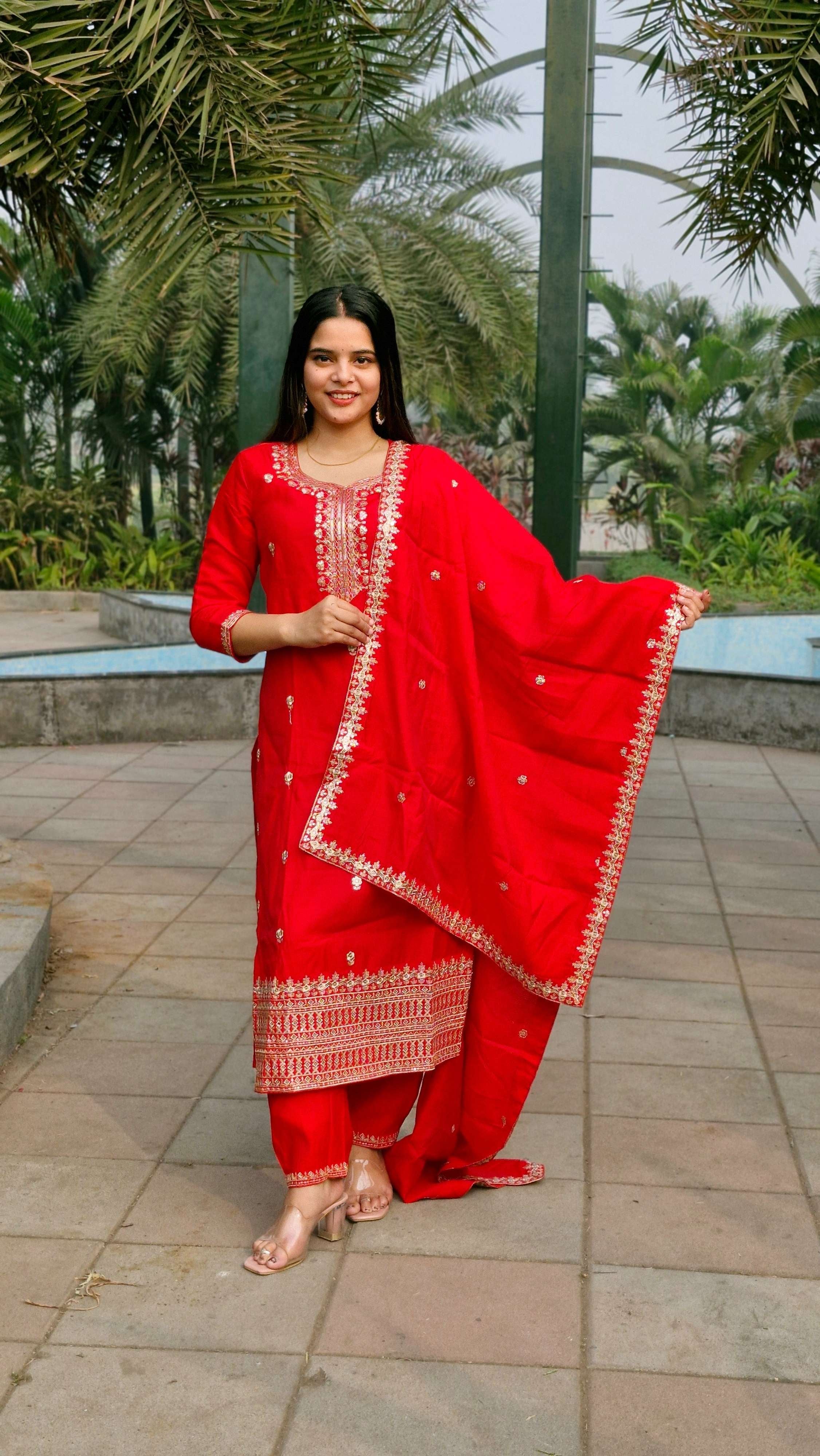 Vibrant Red Roman Silk Embroidery Sequence Party Wear Salwar Suit With Dupatta