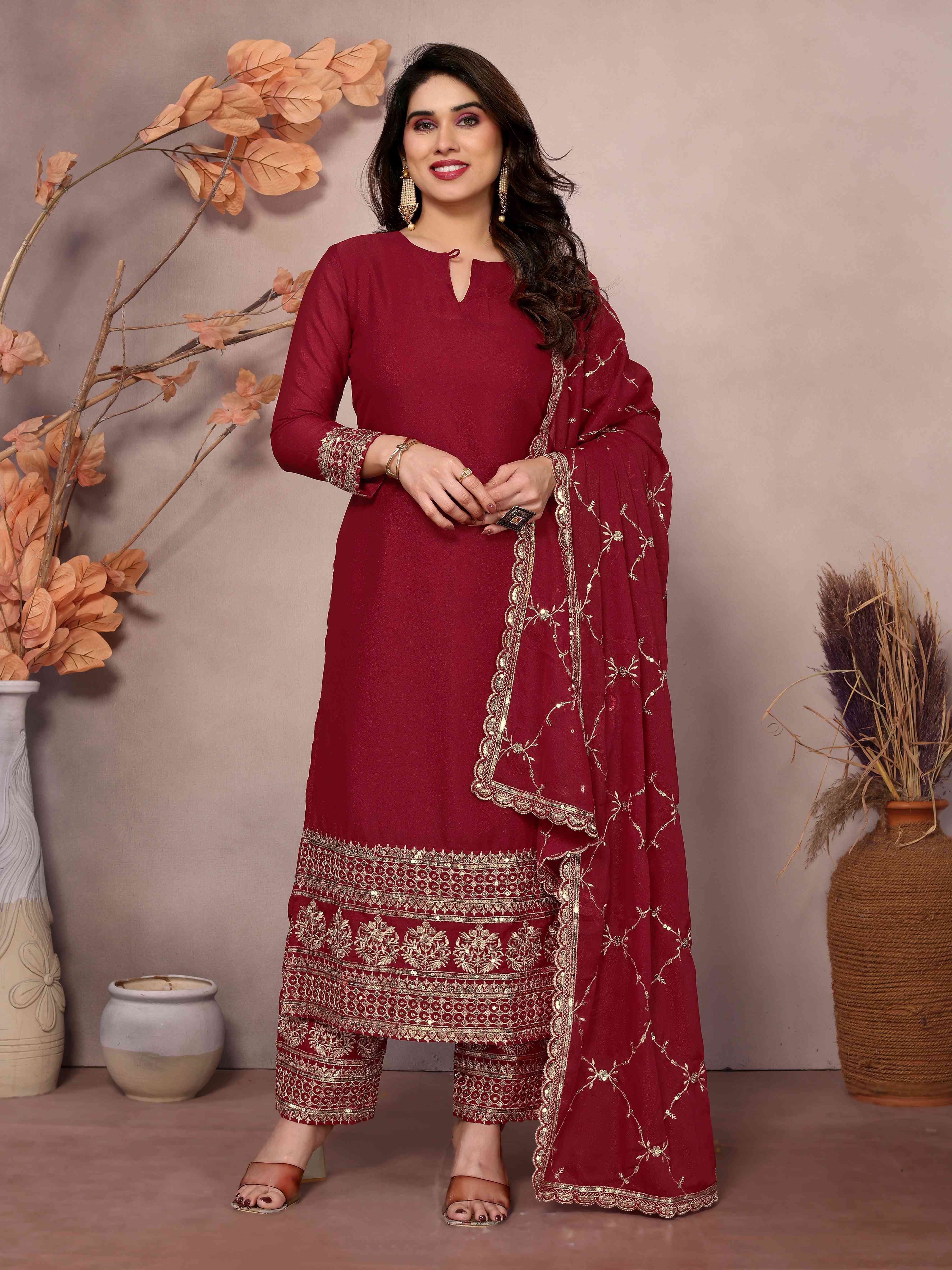 Rich Maroon Georgette Embroidery Seuqnce Designer Wedding Wear Pant Suit With Dupatta