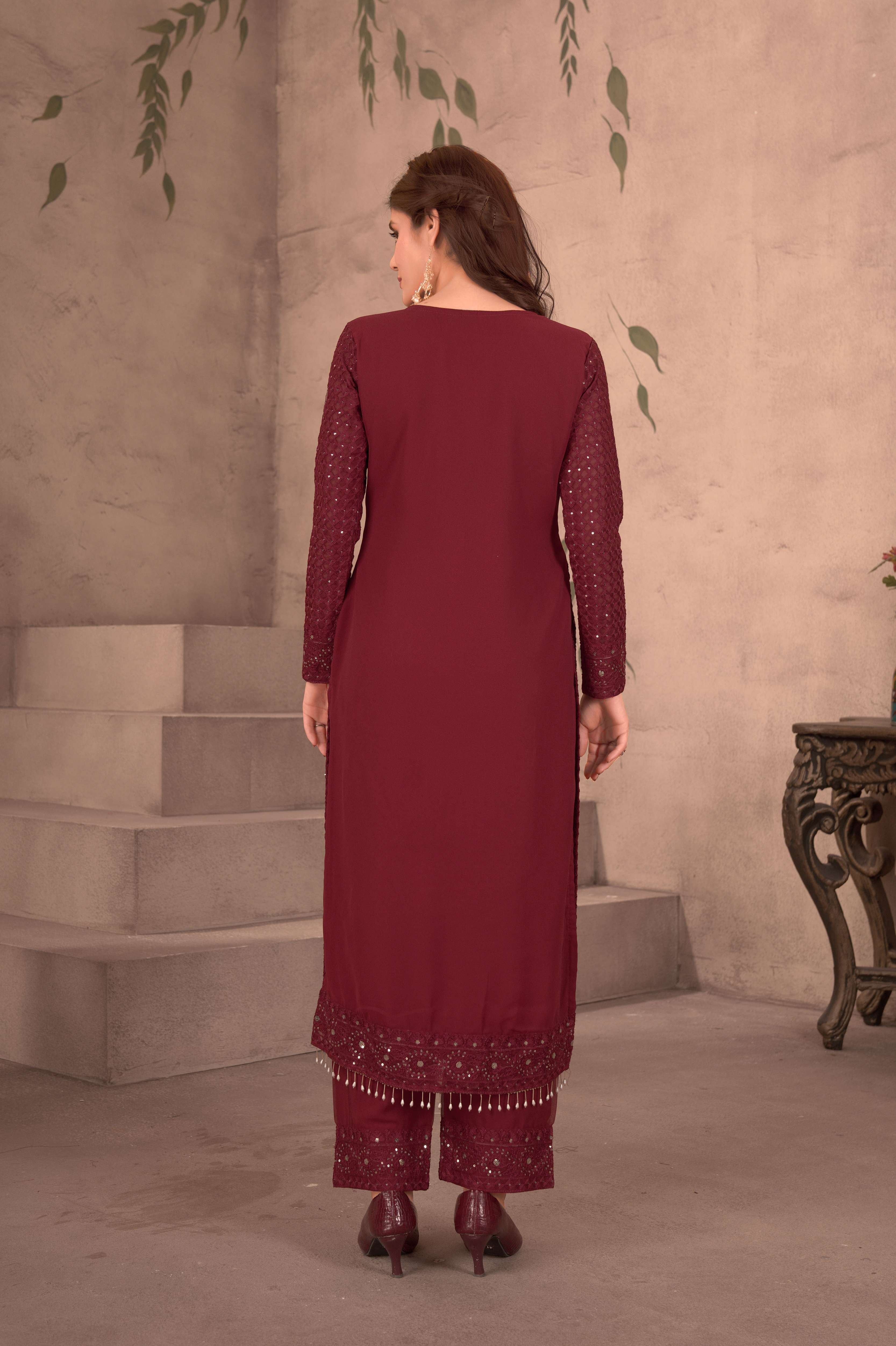 Elegant Maroon Georgette Embroidery Sequence Festive Wear Suit Pant With Dupatta