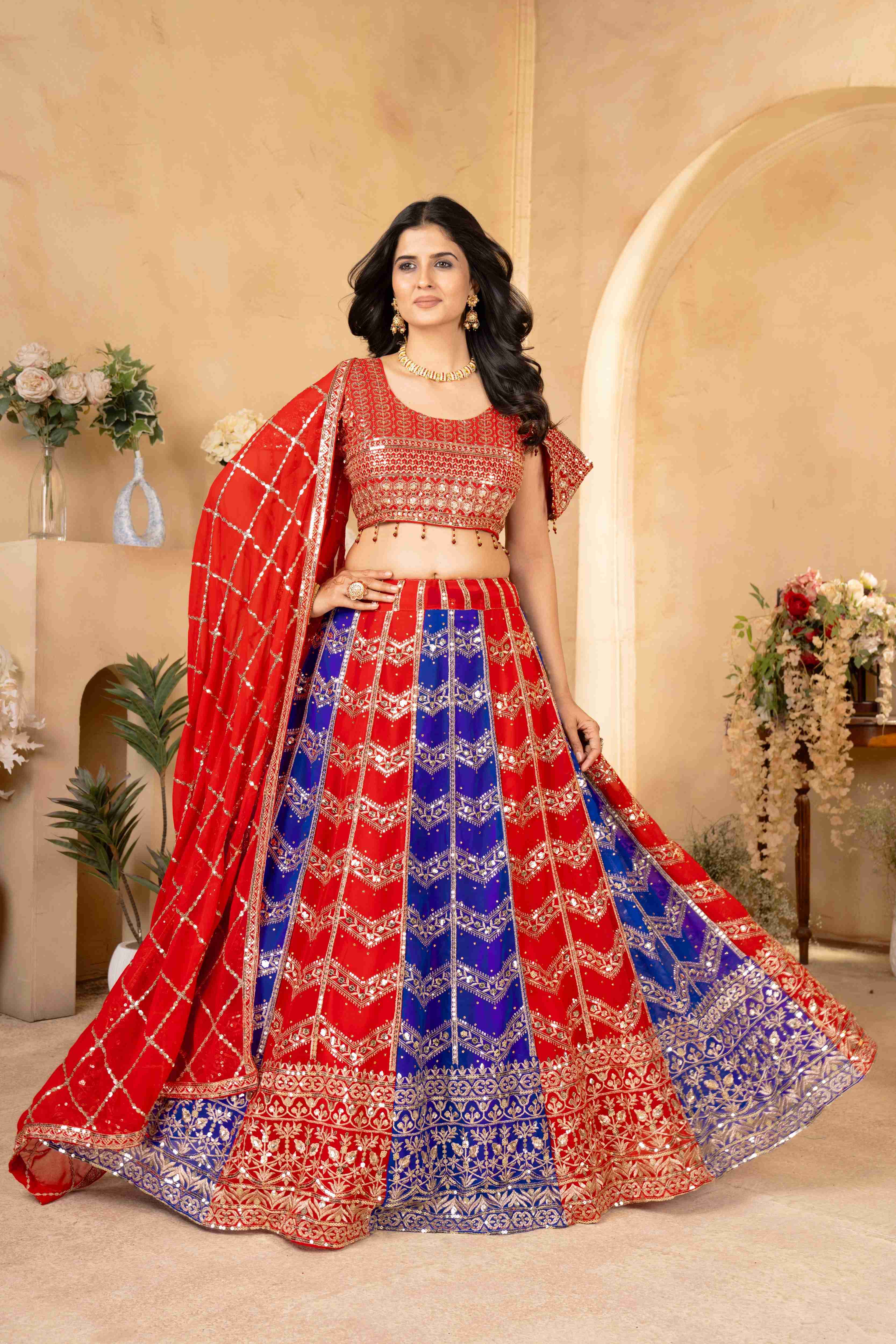 Beautiful Red-Blue Wedding Wear Embroidery Design Sequence Worked Lehenga set
