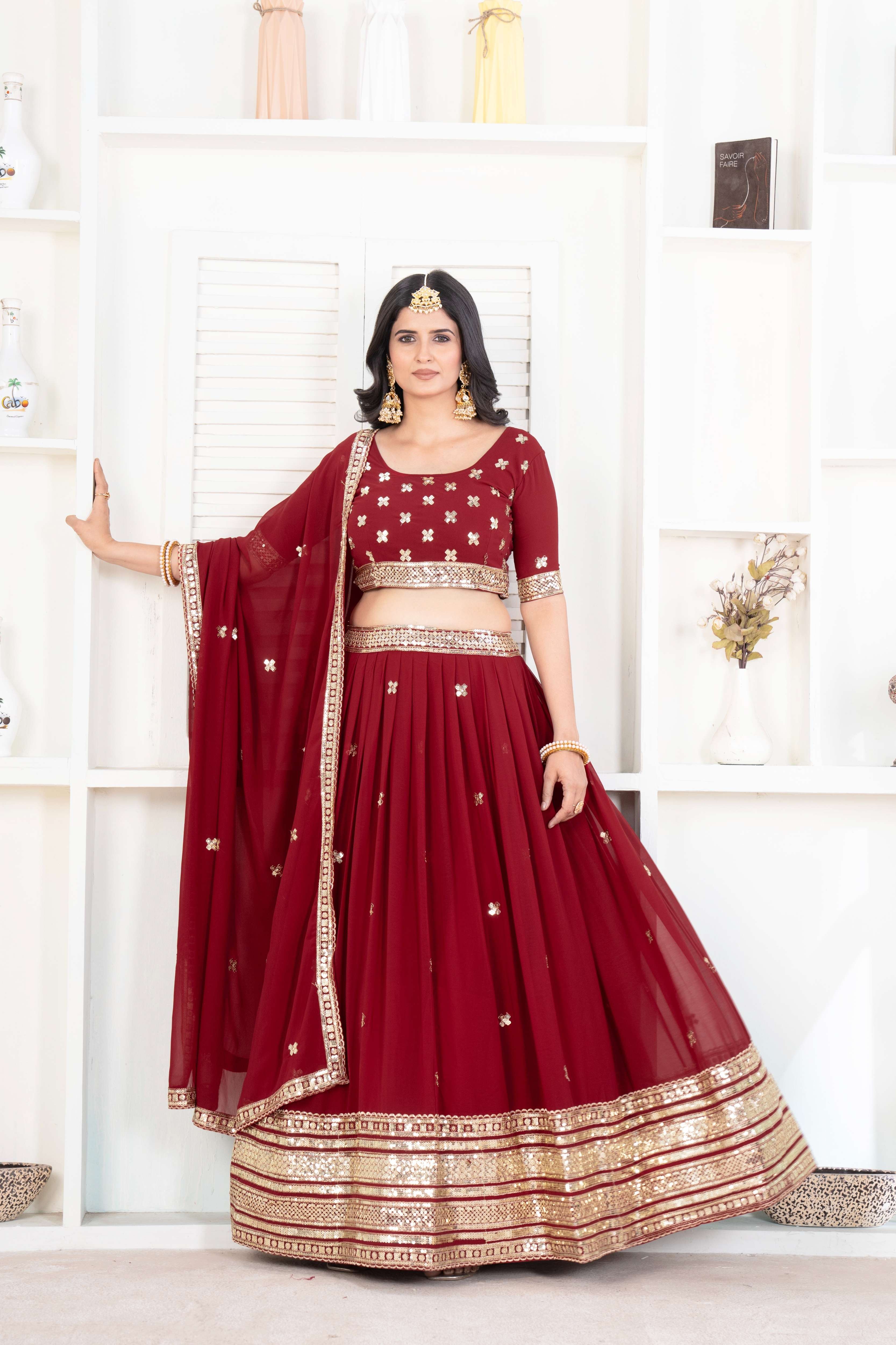 Enchanting Maroon Gold Sequence Work Embroidery Designer Lehenga Choli With Dupatta