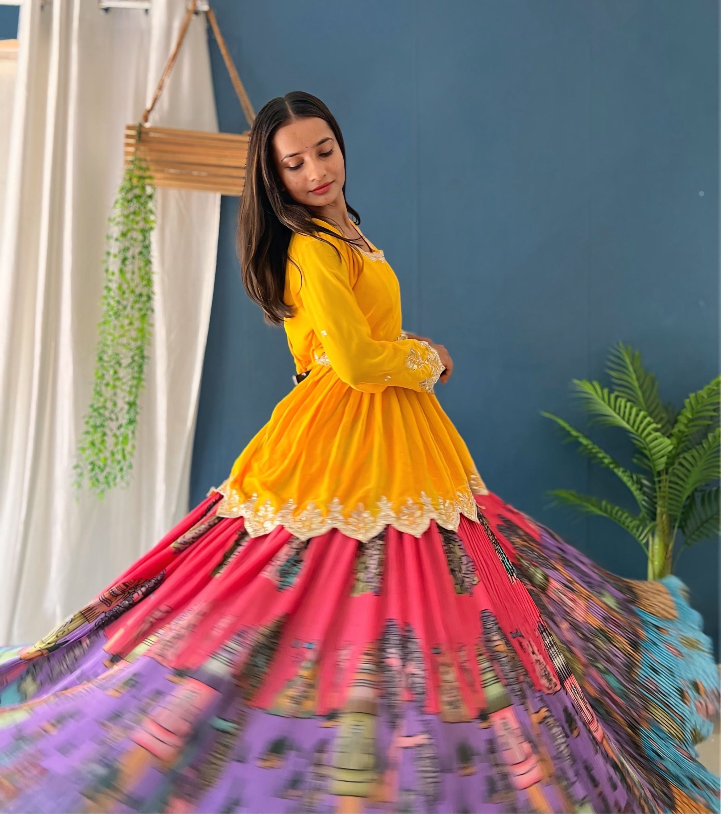 Impressive yellow And Multicolor Digital Printed Crease Pattern Lehenga Set