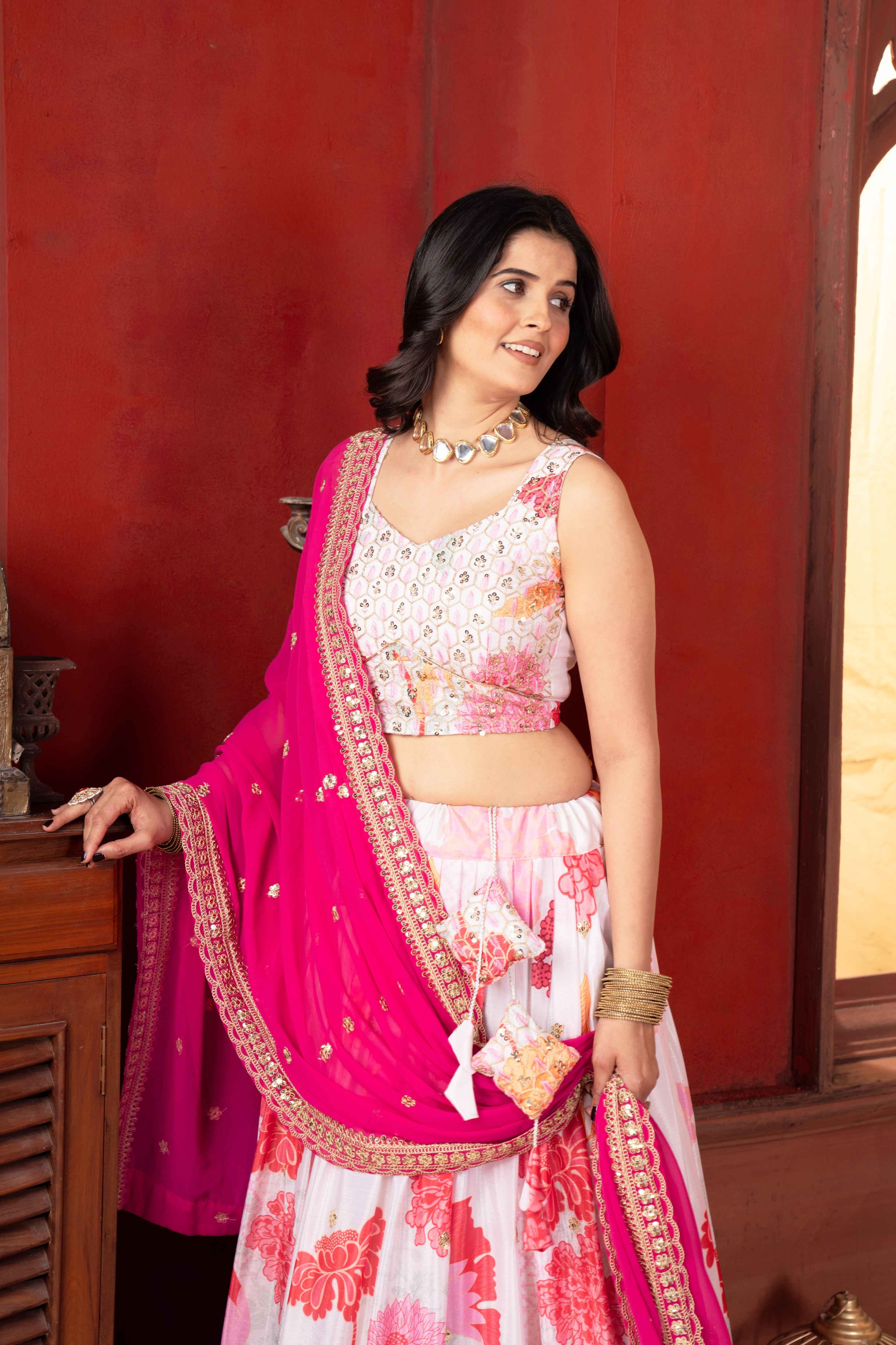 Attractive White Floral Printed Embroidery Sequence Worked Sangit Wear Lehenga Choli & Dupatta