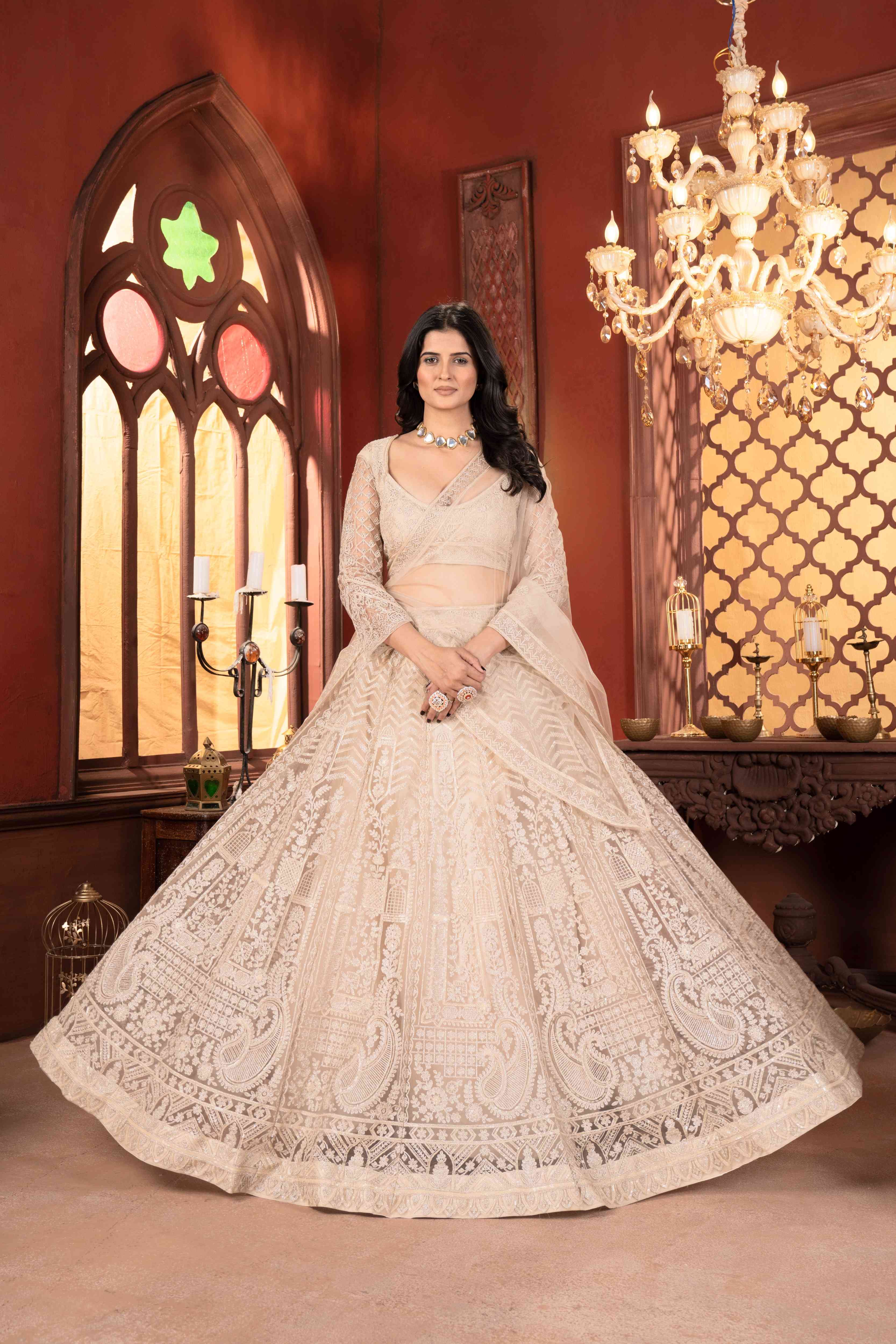 Incredible Off Cream Embroidered Designer Lehenga With Dupatta