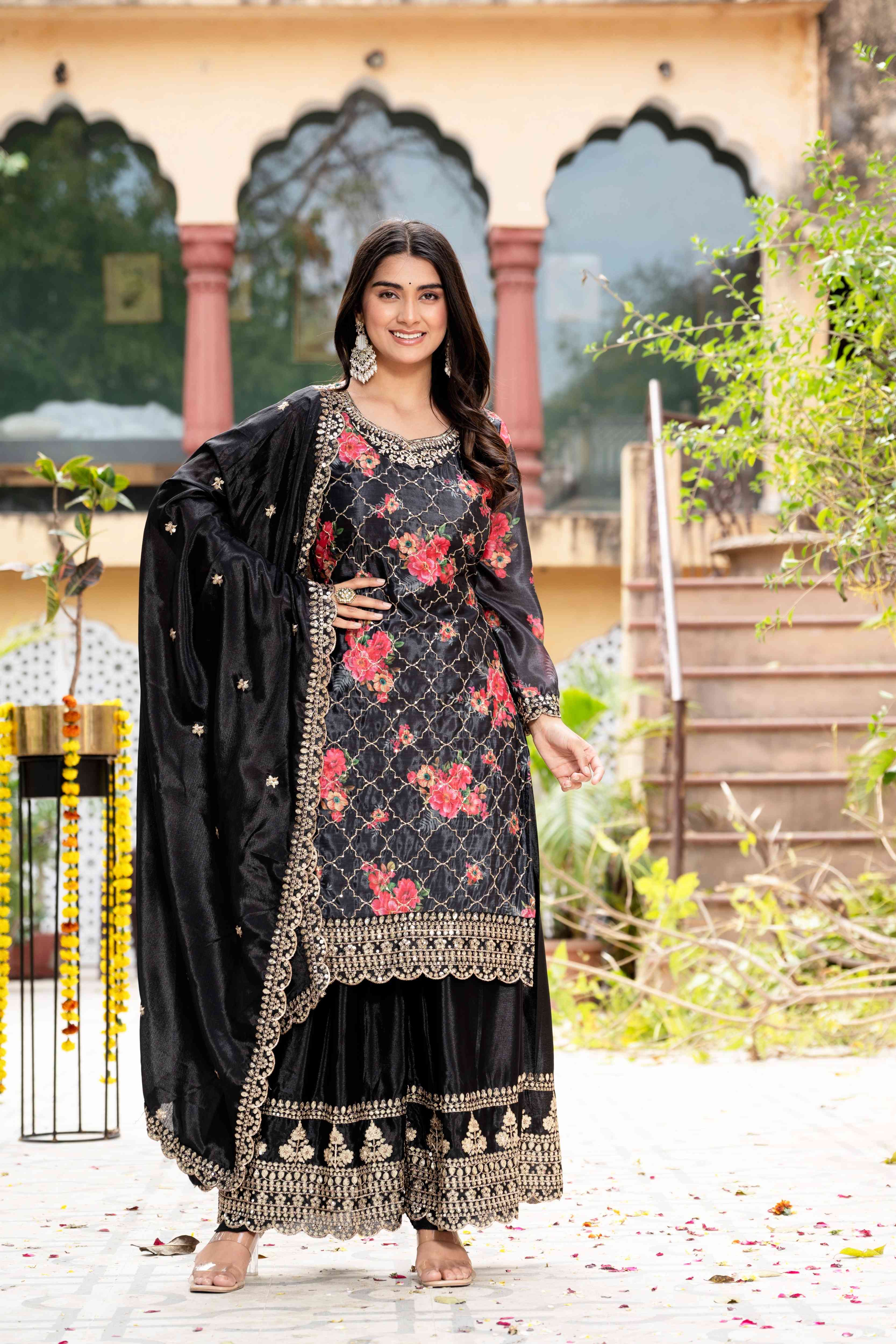Pretty Black Silk Digital Printed Embroidery Designer sharara Suit With Dupatta