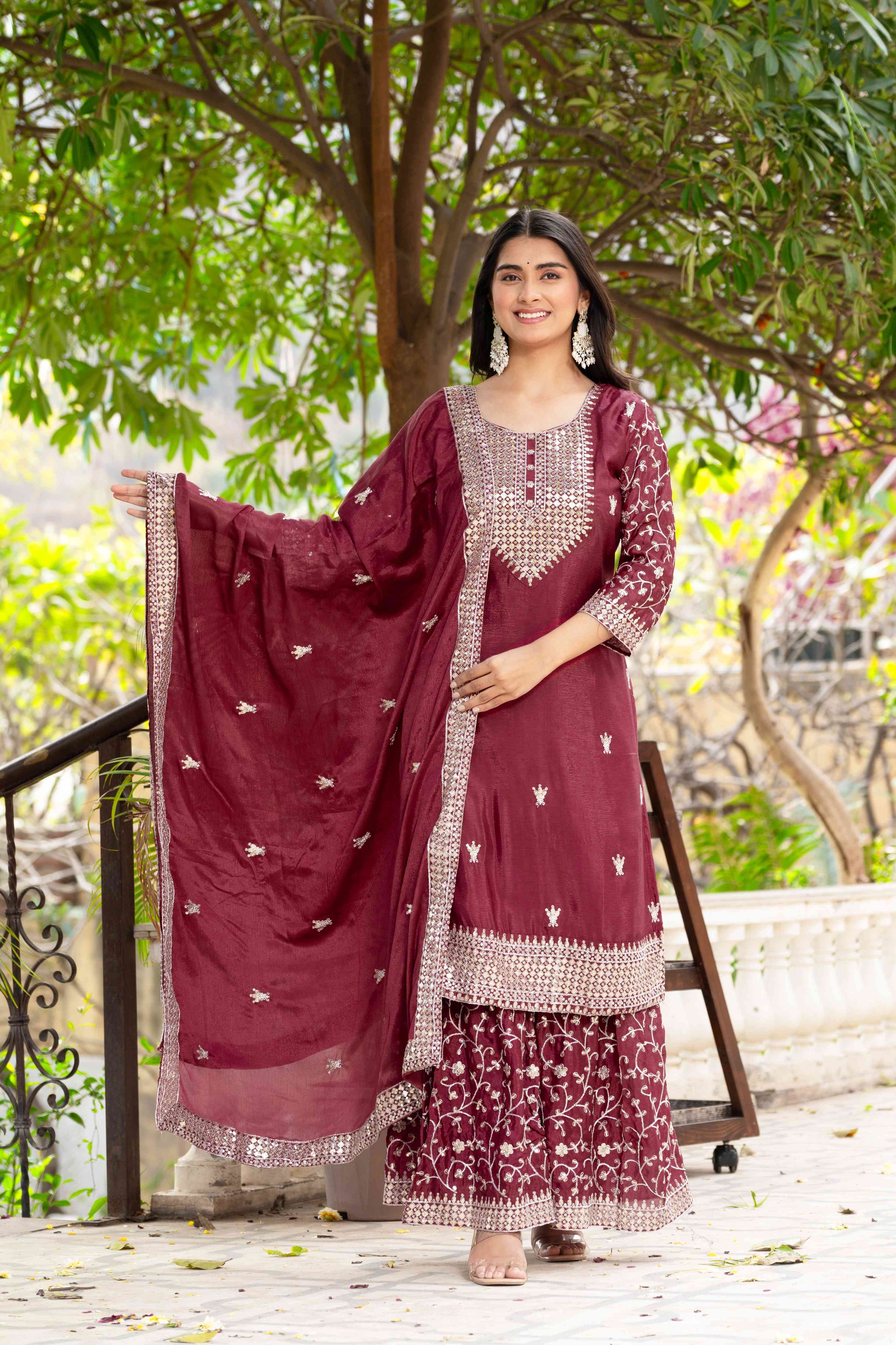 Adorable Maroon Chinon Sequence Embroidery Wedding Wear Sharara Suit With Dupatta