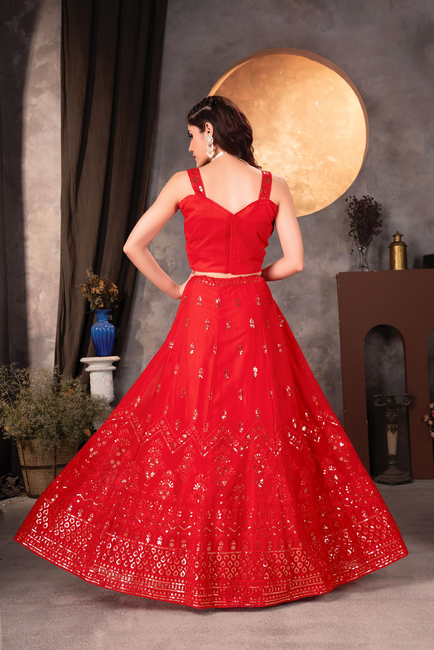 Elelegant Red Georgette Embroidery Sequence Designer Traditional Wear Lehenga Choli With Dupatta