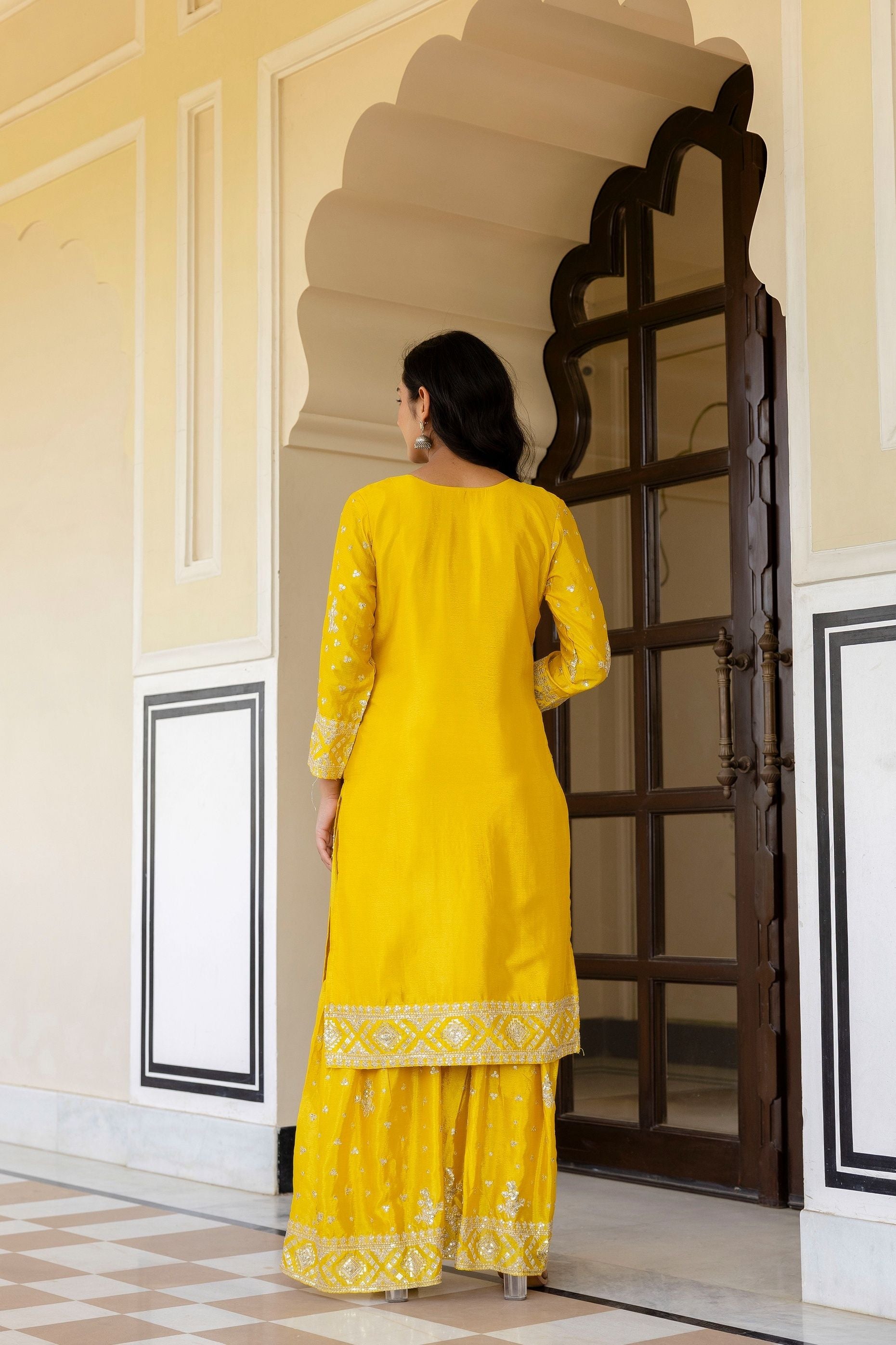 Fantastic Sunshine Yellow Chinon Embroidery Sequence Party Wear Sharara Suit With Dupatta