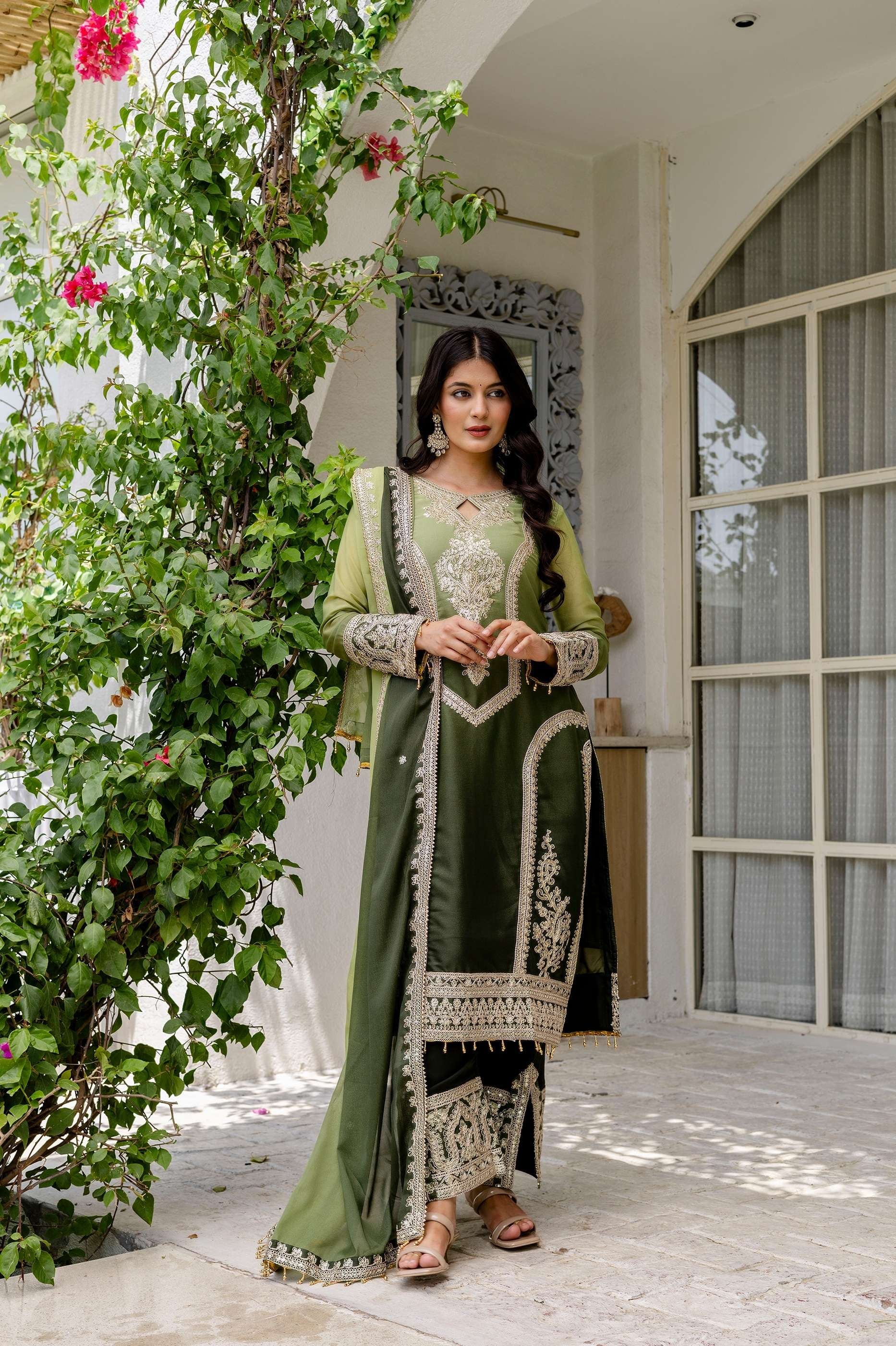 Incredible Olive green pedding Embroidery Sequence Work Festival Wear Pant Suit