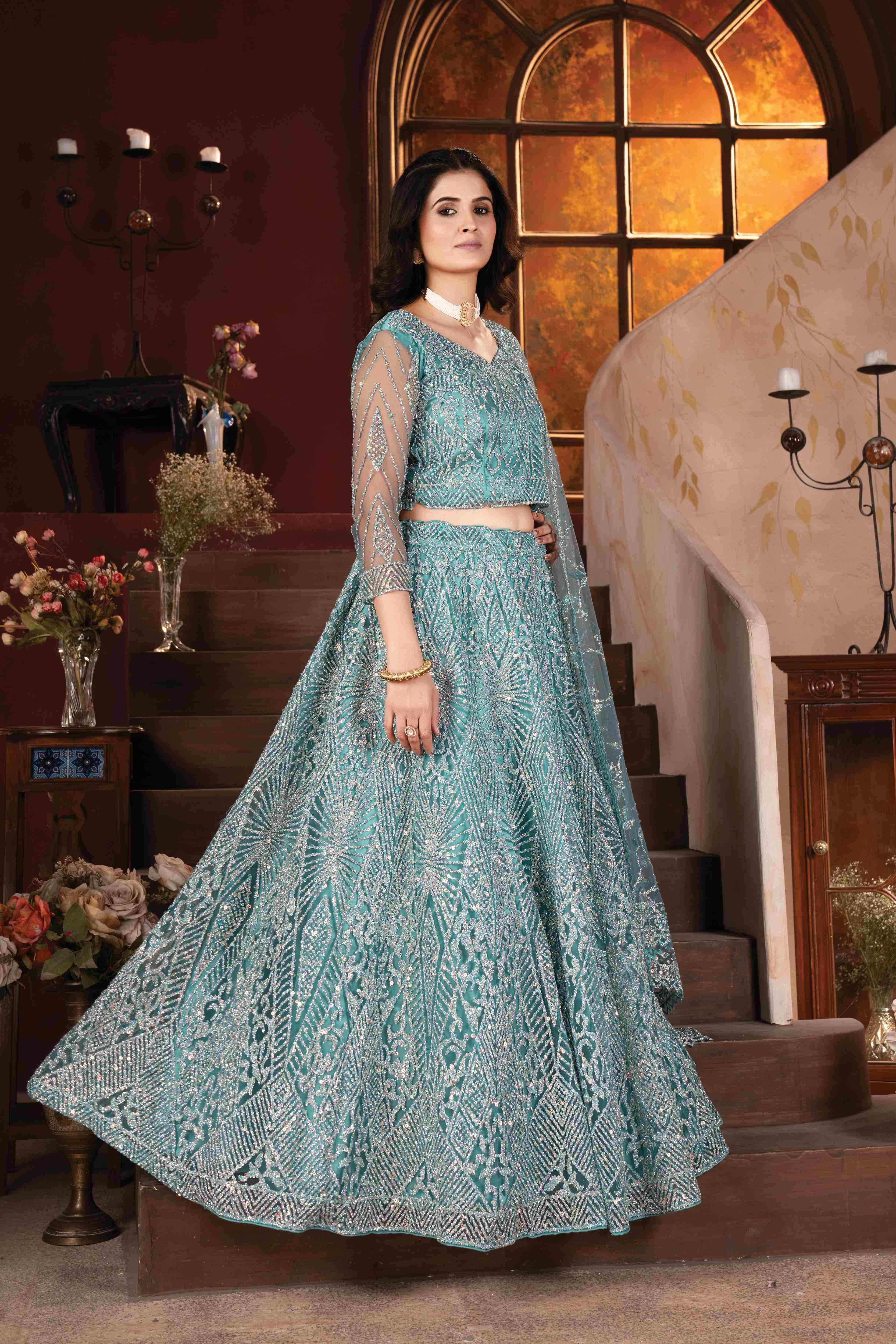 Awesome Aqua Blue Zarkhan Daimond & Glitter Sequence Designer Net Bridal Lehenga Collection