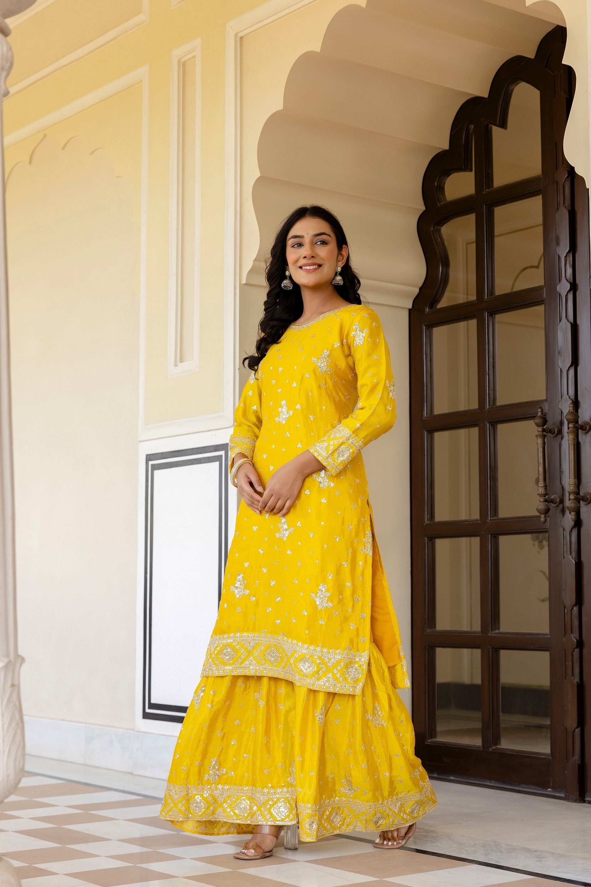 Fantastic Sunshine Yellow Chinon Embroidery Sequence Party Wear Sharara Suit With Dupatta