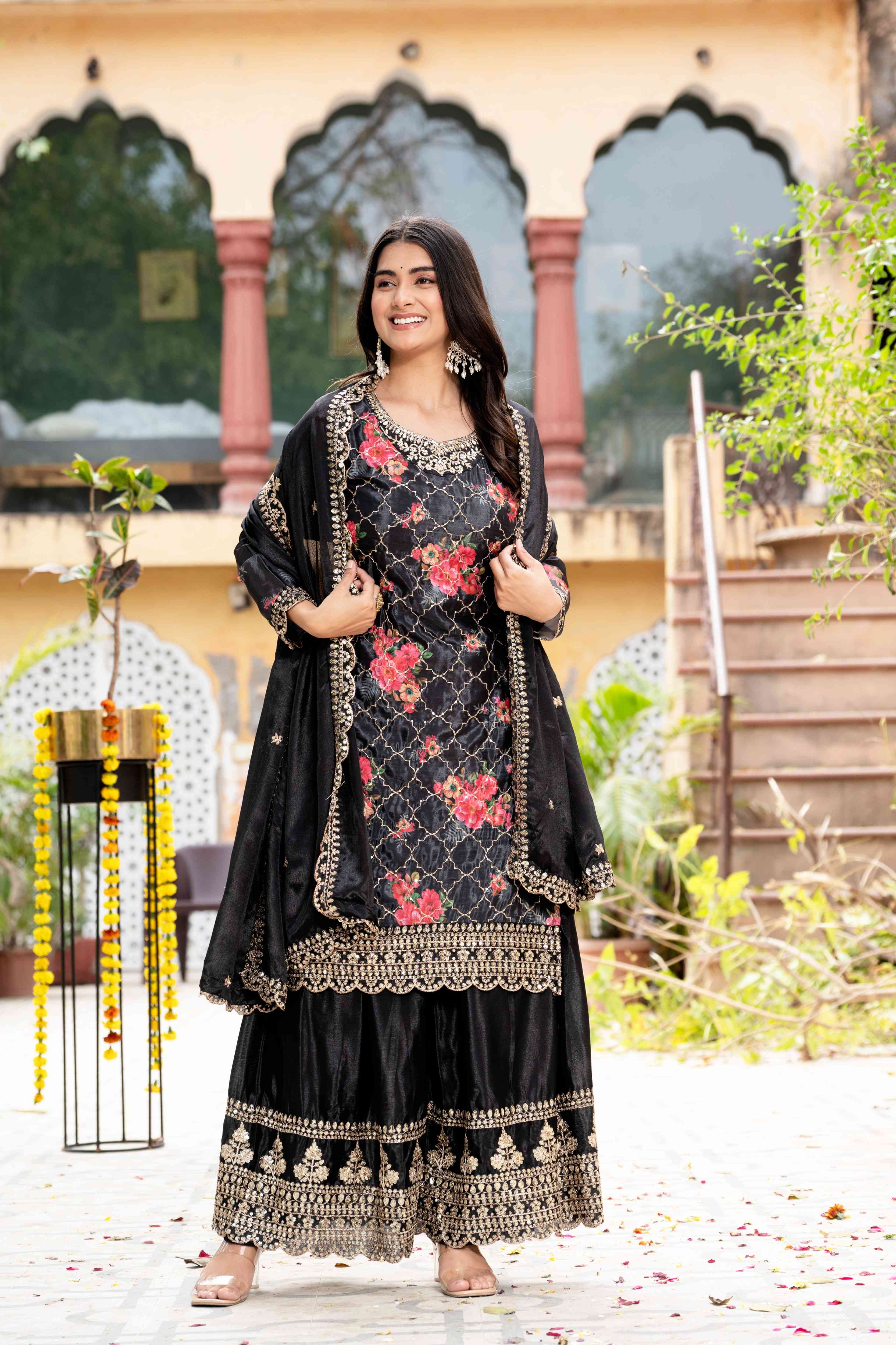 Pretty Black Silk Digital Printed Embroidery Designer sharara Suit With Dupatta