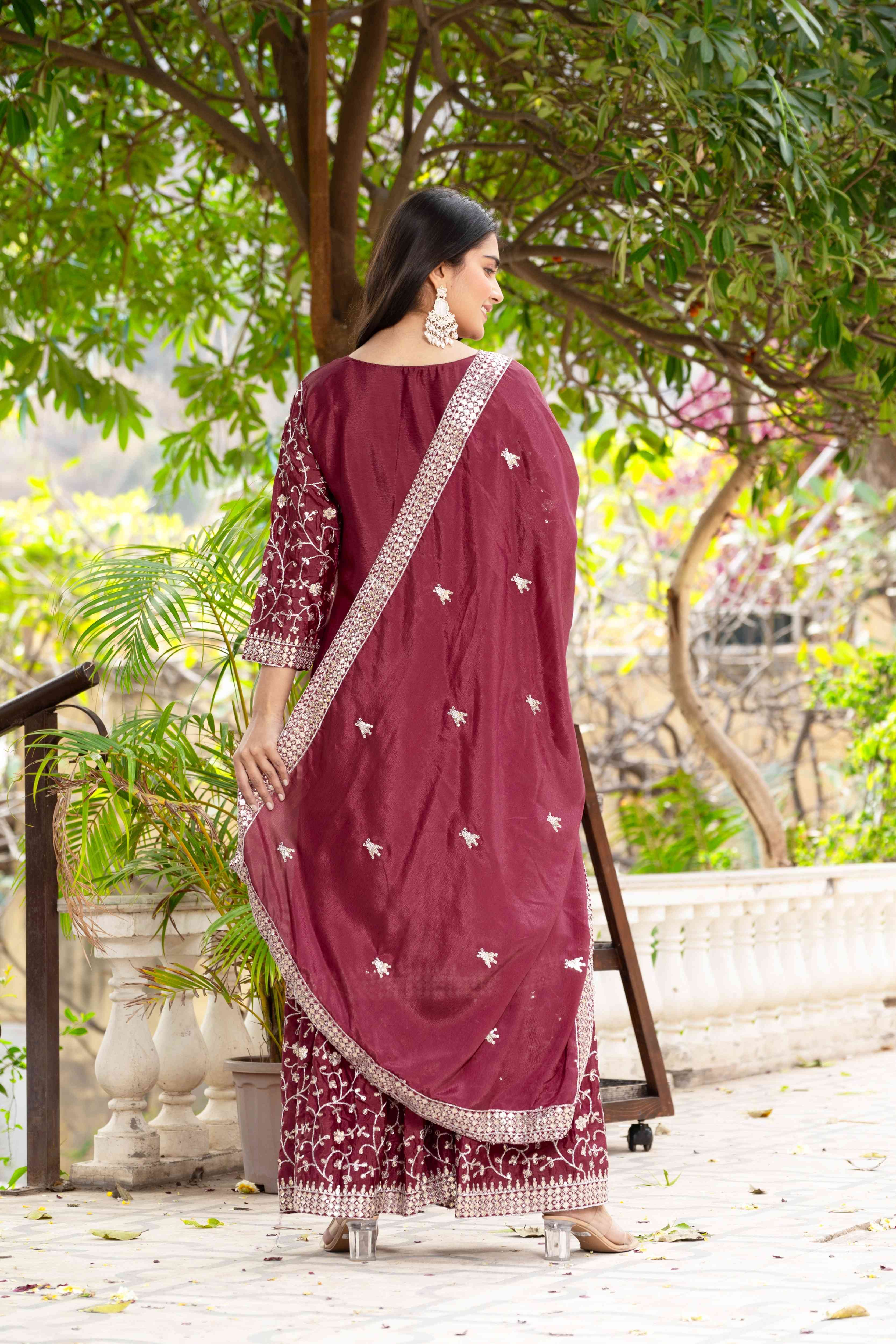 Adorable Maroon Chinon Sequence Embroidery Wedding Wear Sharara Suit With Dupatta