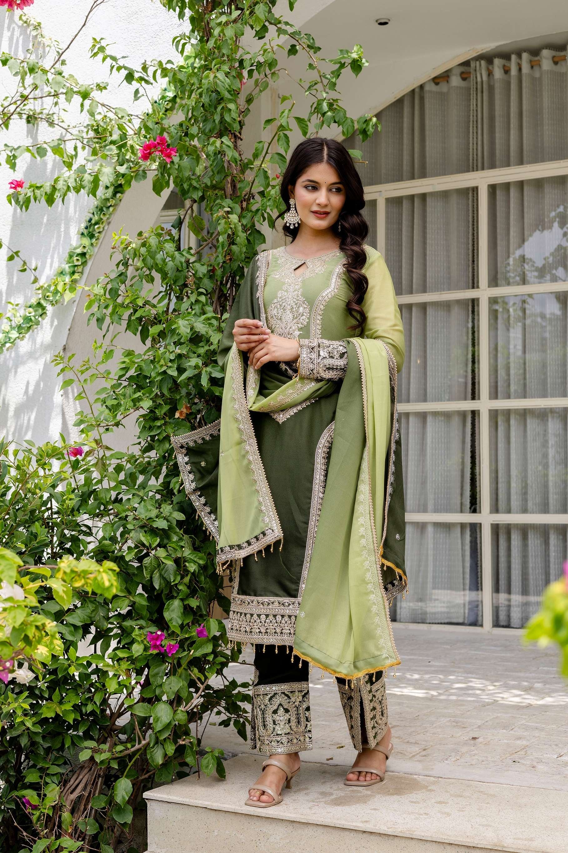 Incredible Olive green pedding Embroidery Sequence Work Festival Wear Pant Suit