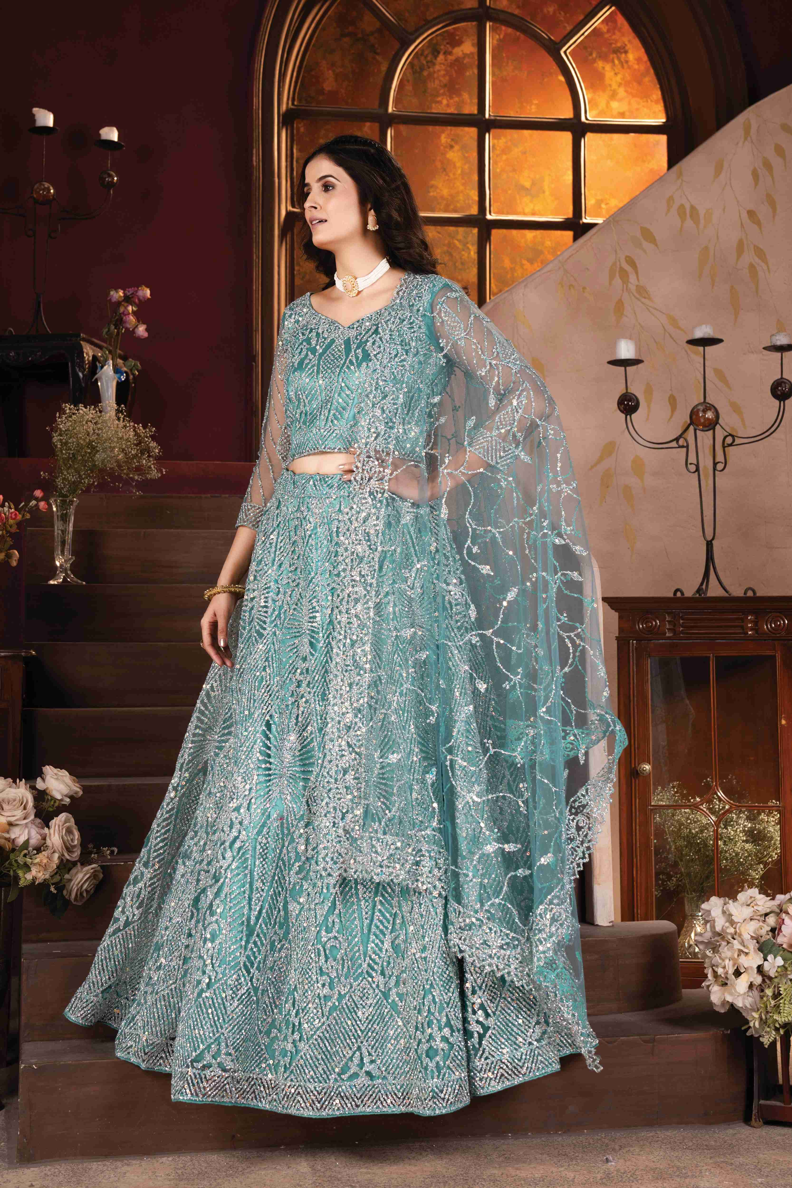 Awesome Aqua Blue Zarkhan Daimond & Glitter Sequence Designer Net Bridal Lehenga Collection