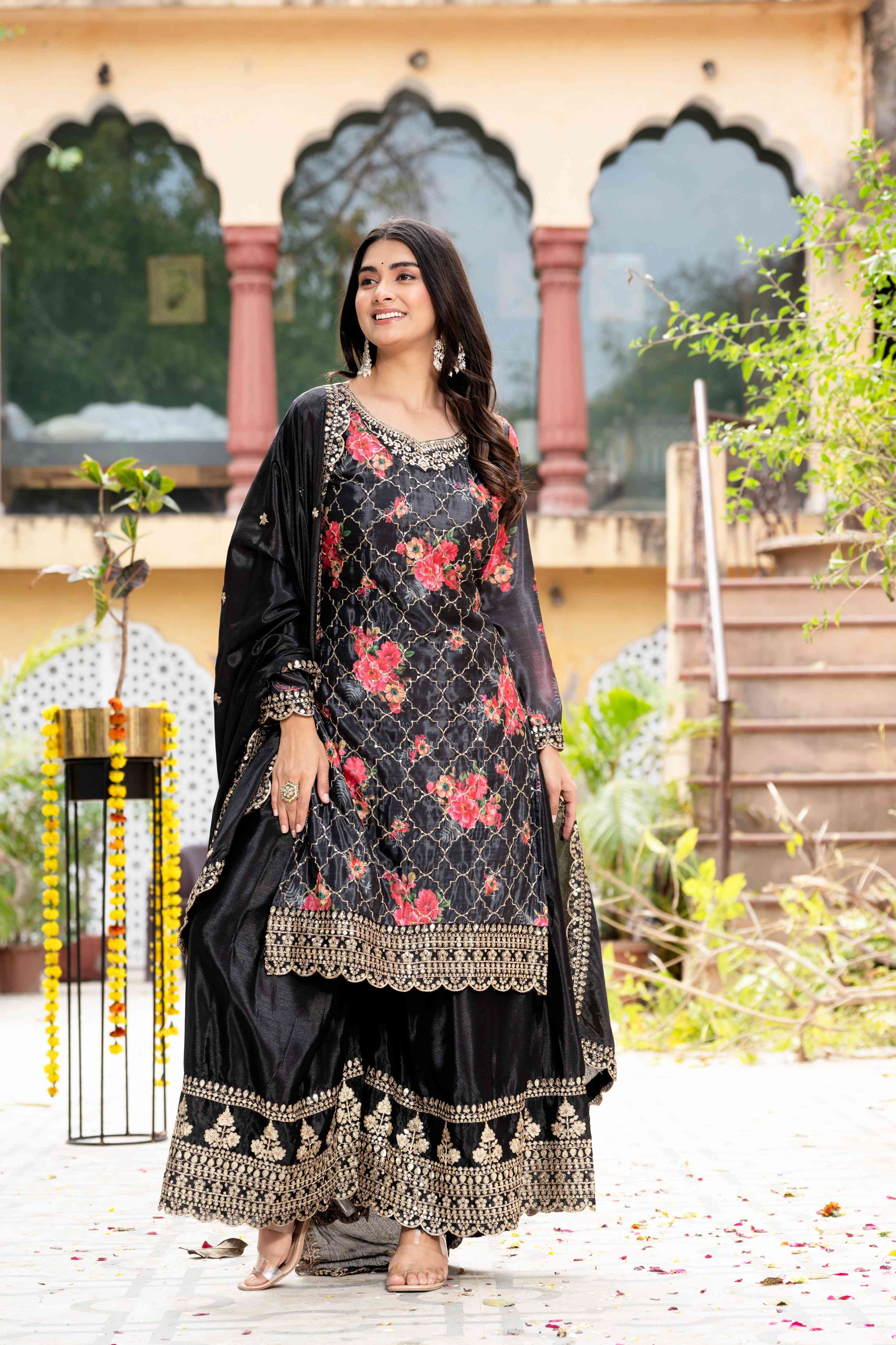 Pretty Black Silk Digital Printed Embroidery Designer sharara Suit With Dupatta