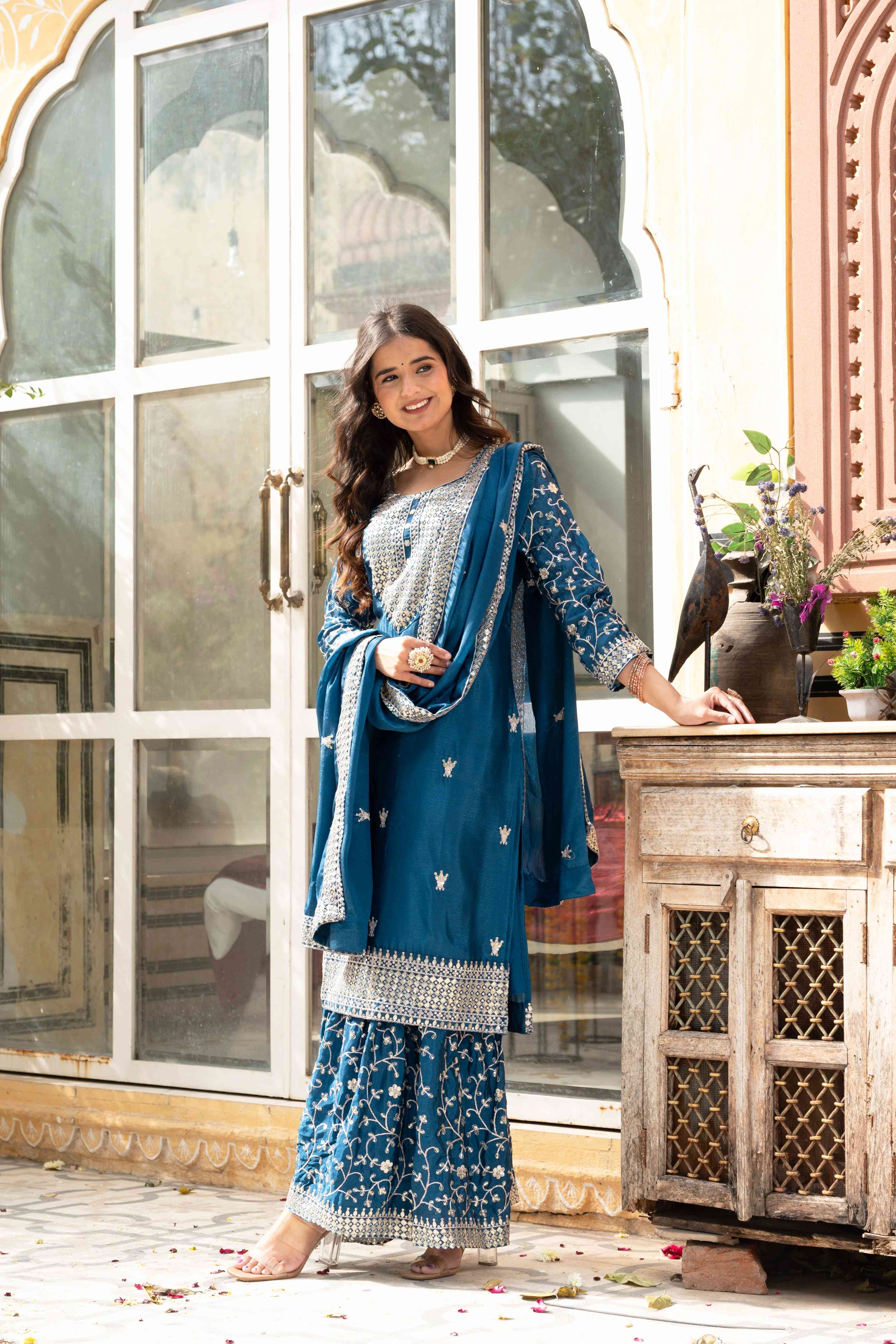 Beautiful Teal Blue  Chinon Sequence Embroidery Wedding Wear Sharara Suit With Dupatta