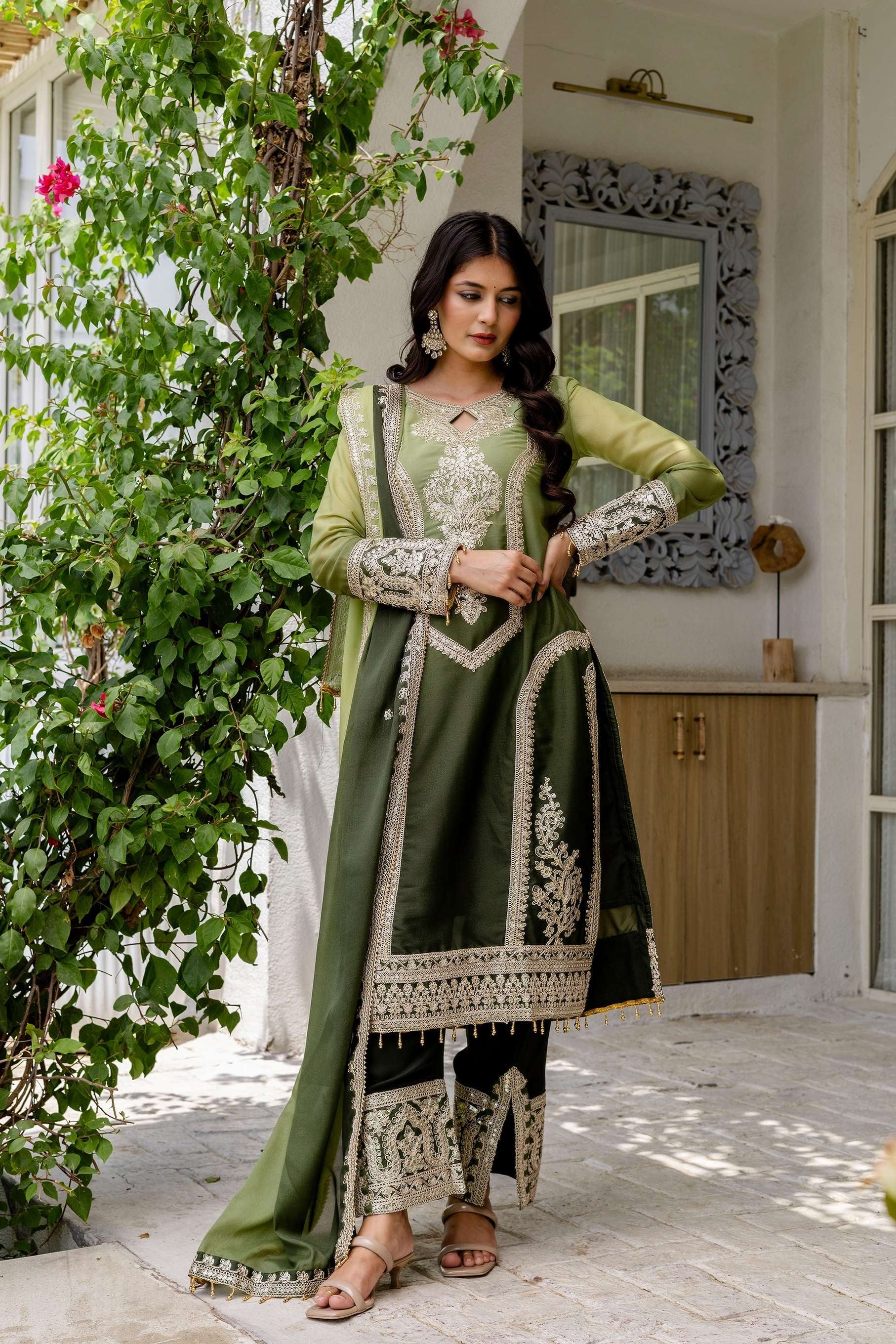 Incredible Olive green pedding Embroidery Sequence Work Festival Wear Pant Suit