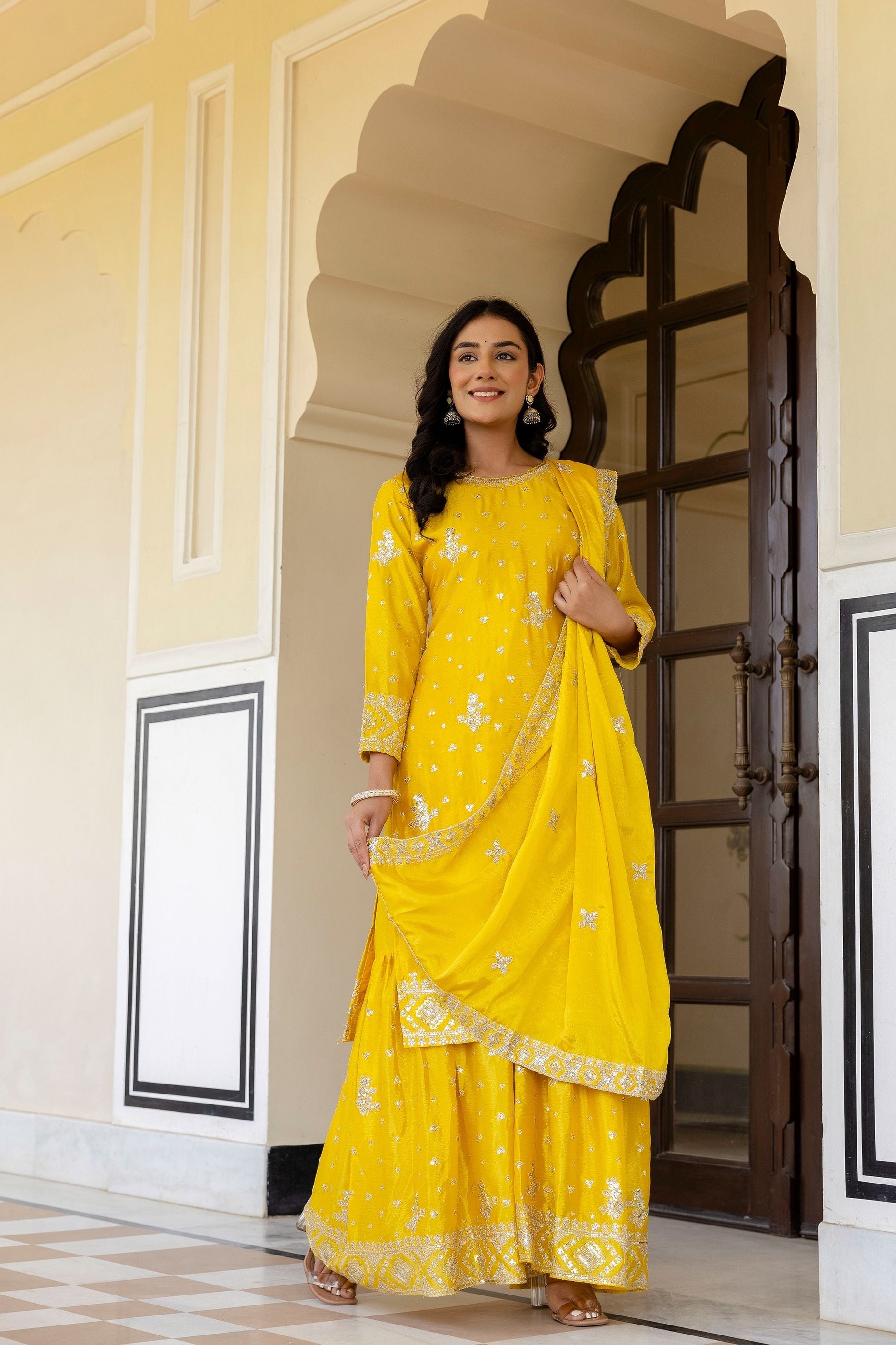 Fantastic Sunshine Yellow Chinon Embroidery Sequence Party Wear Sharara Suit With Dupatta