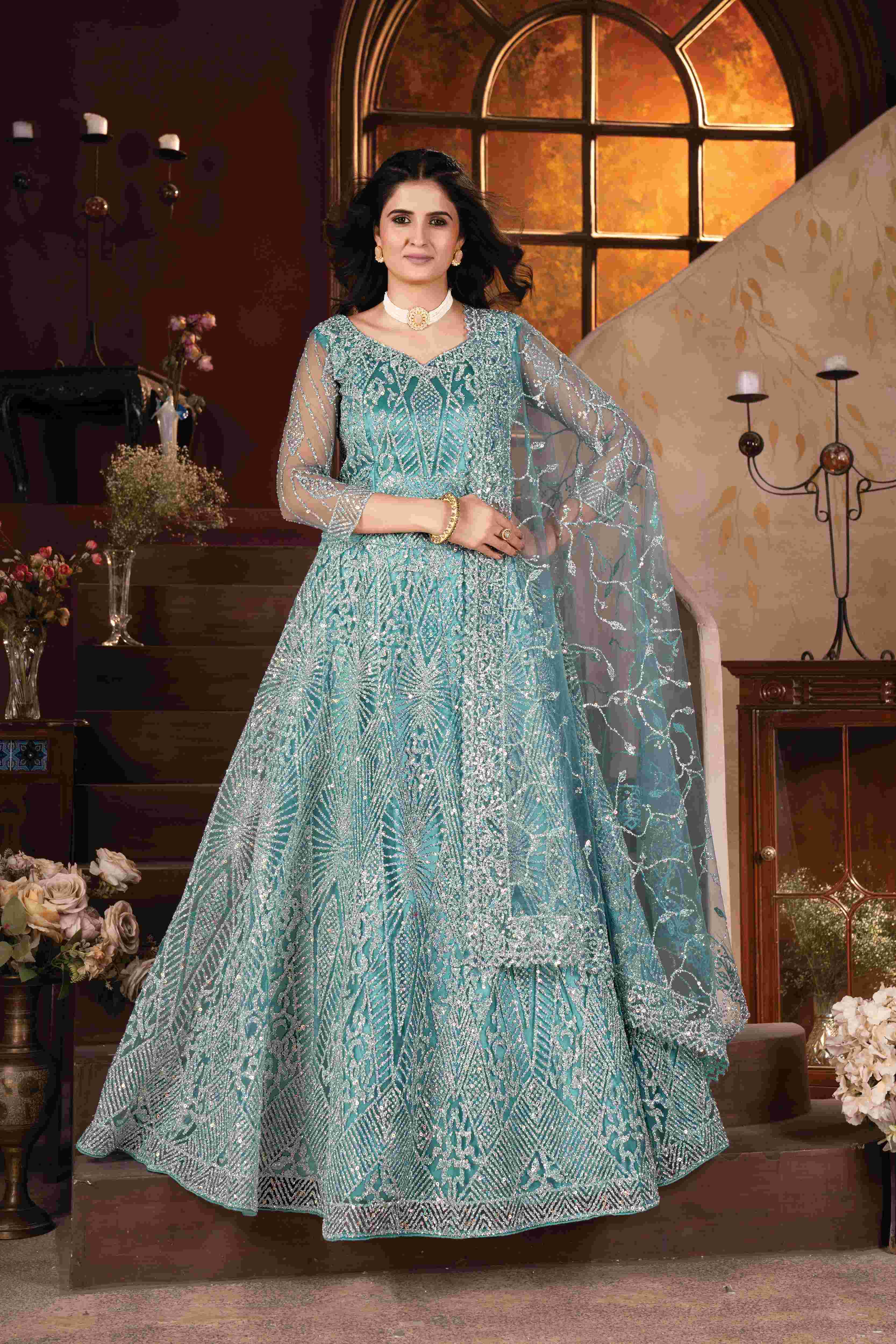 Awesome Aqua Blue Zarkhan Daimond & Glitter Sequence Designer Net Bridal Lehenga Collection