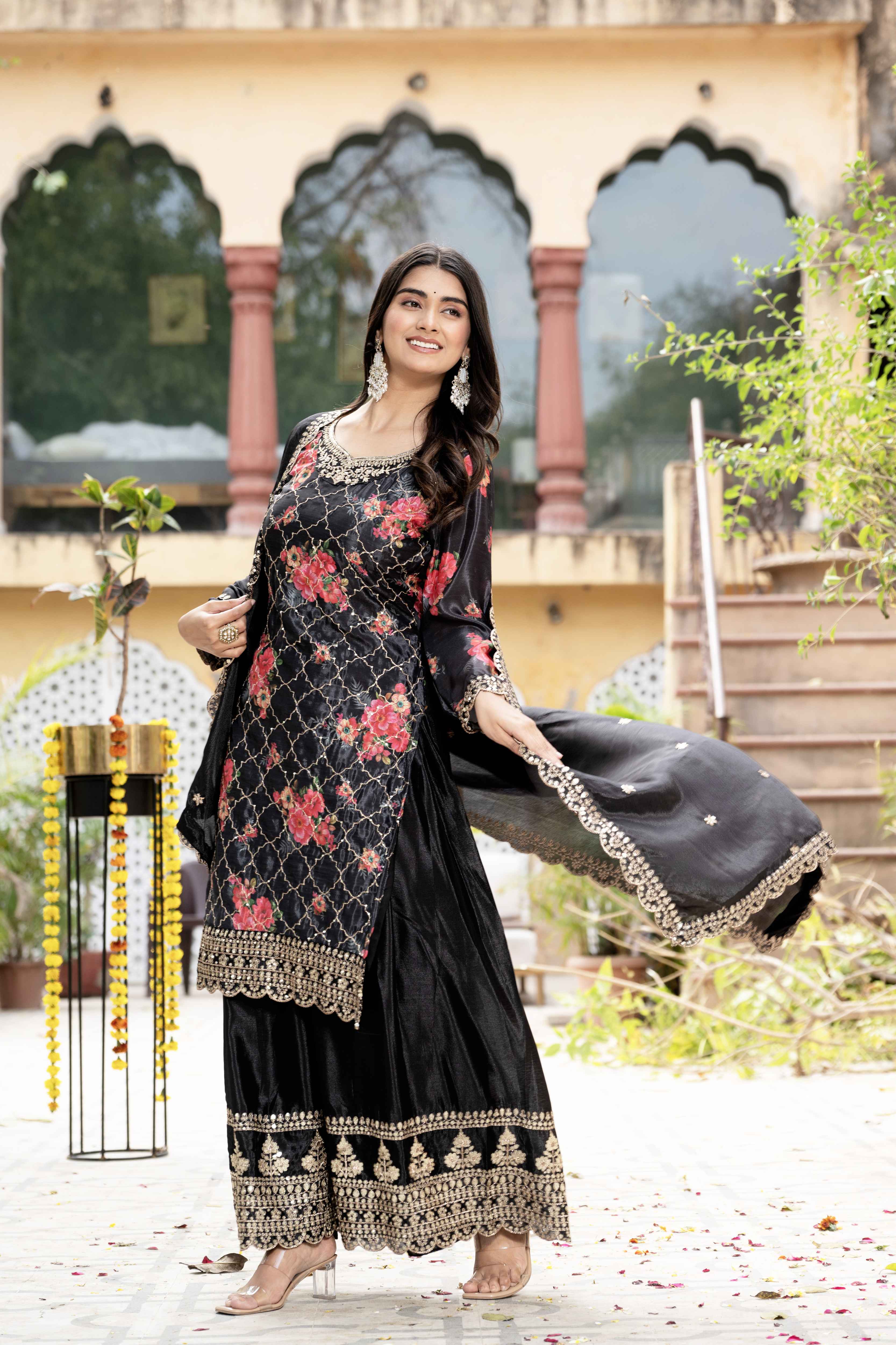 Pretty Black Silk Digital Printed Embroidery Designer sharara Suit With Dupatta