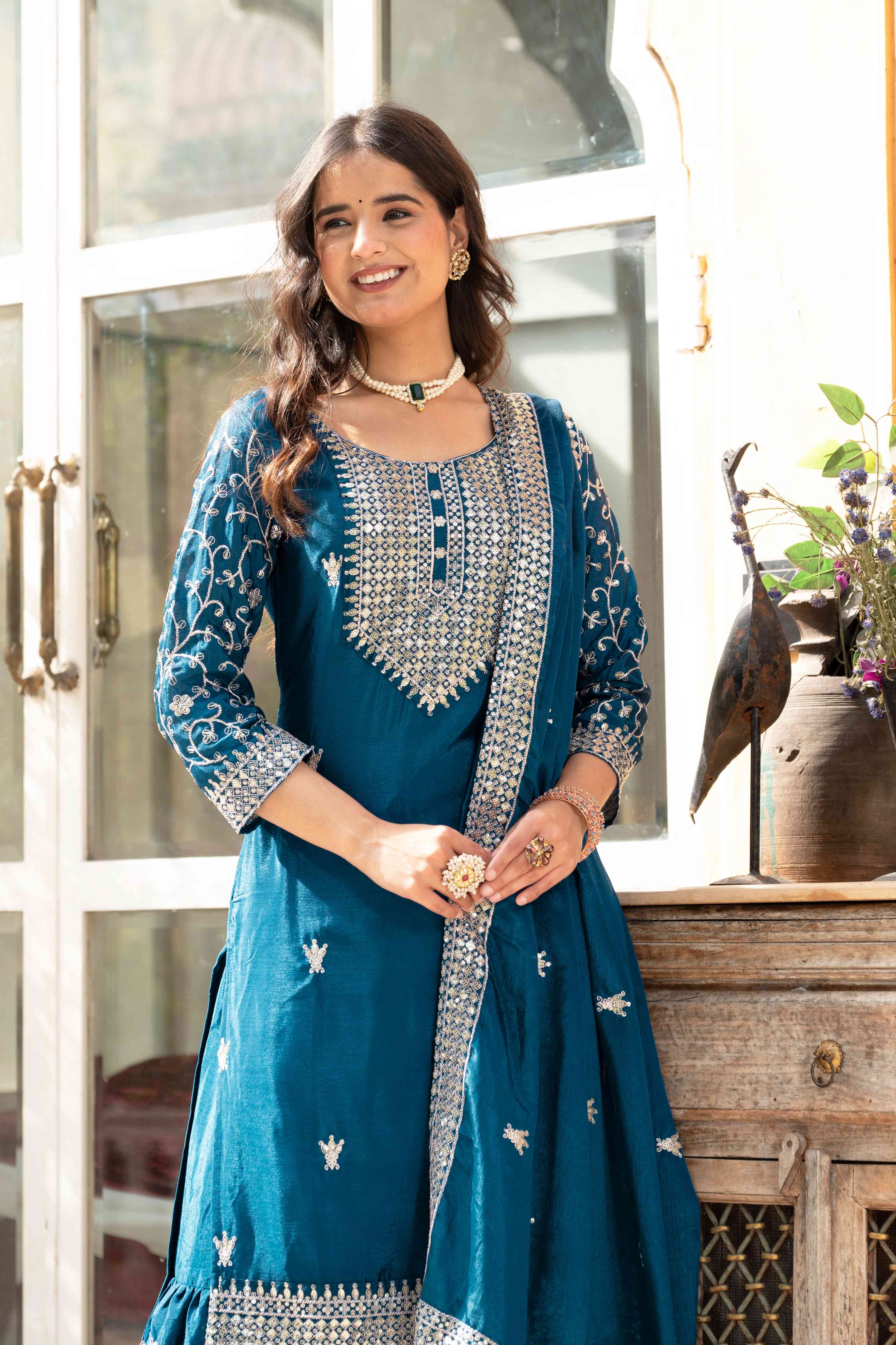 Beautiful Teal Blue  Chinon Sequence Embroidery Wedding Wear Sharara Suit With Dupatta