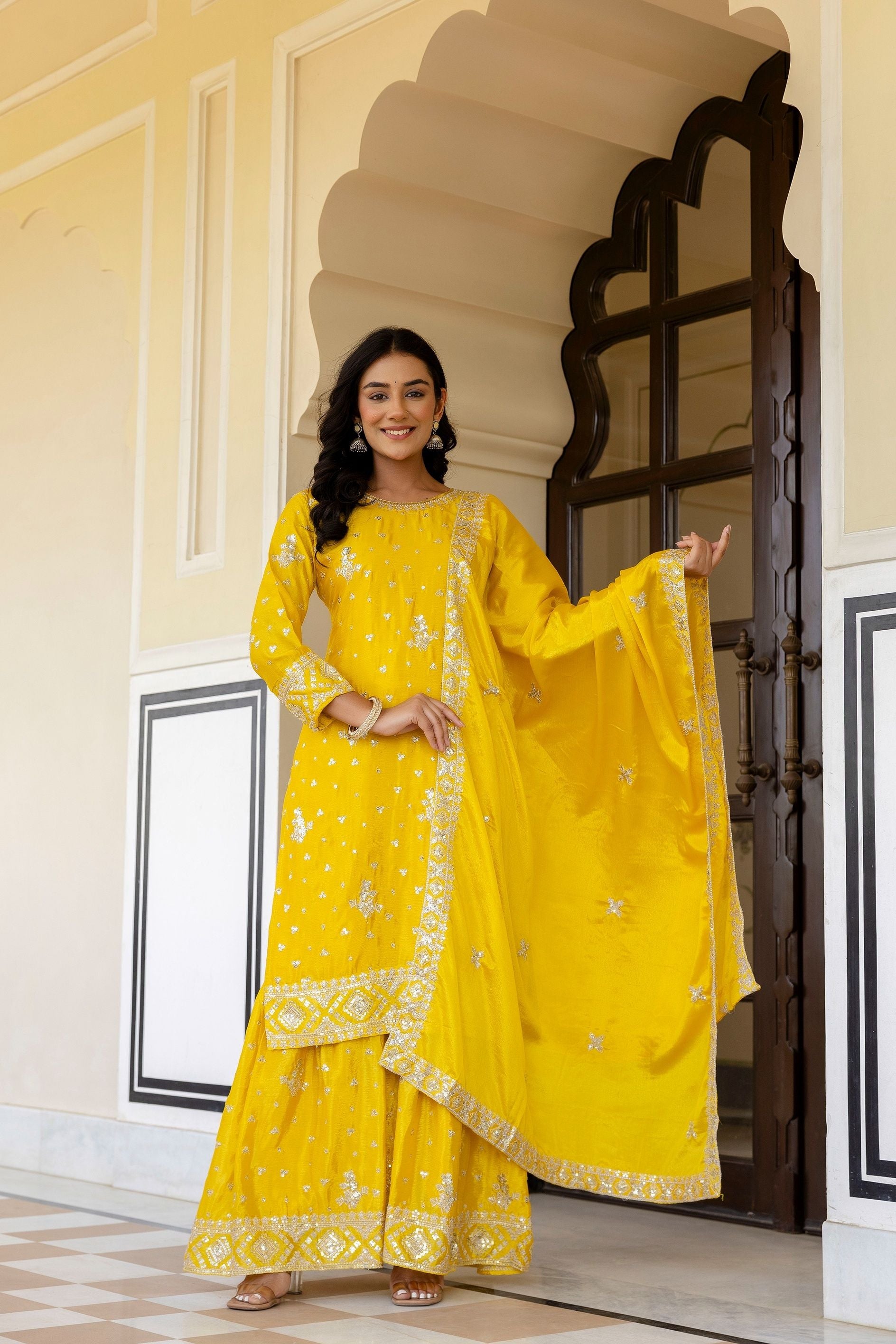 Fantastic Sunshine Yellow Chinon Embroidery Sequence Party Wear Sharara Suit With Dupatta