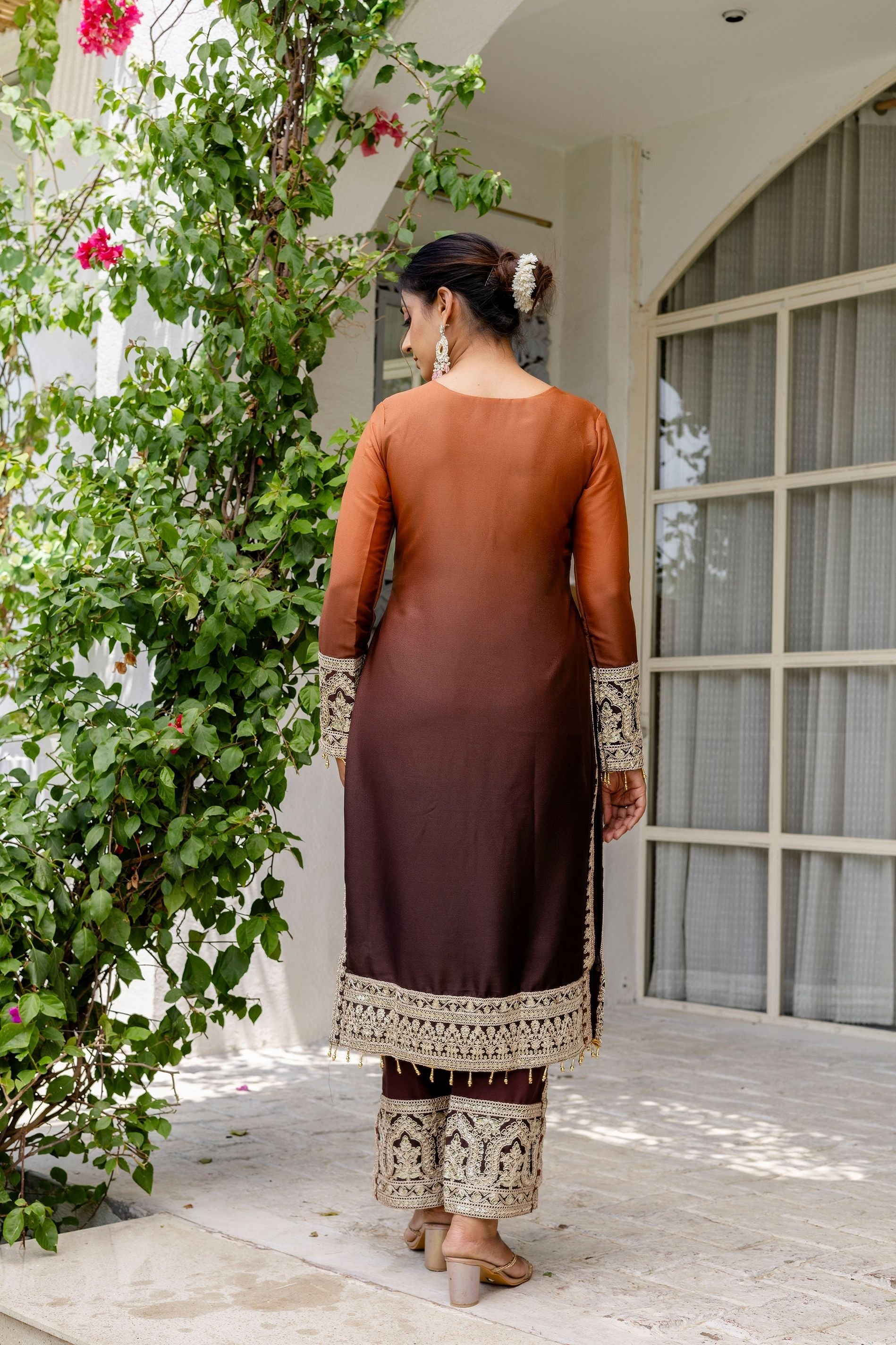 Alluring Coffe Brown pedding Embroidery Sequence Work Festival Wear Pant Suit