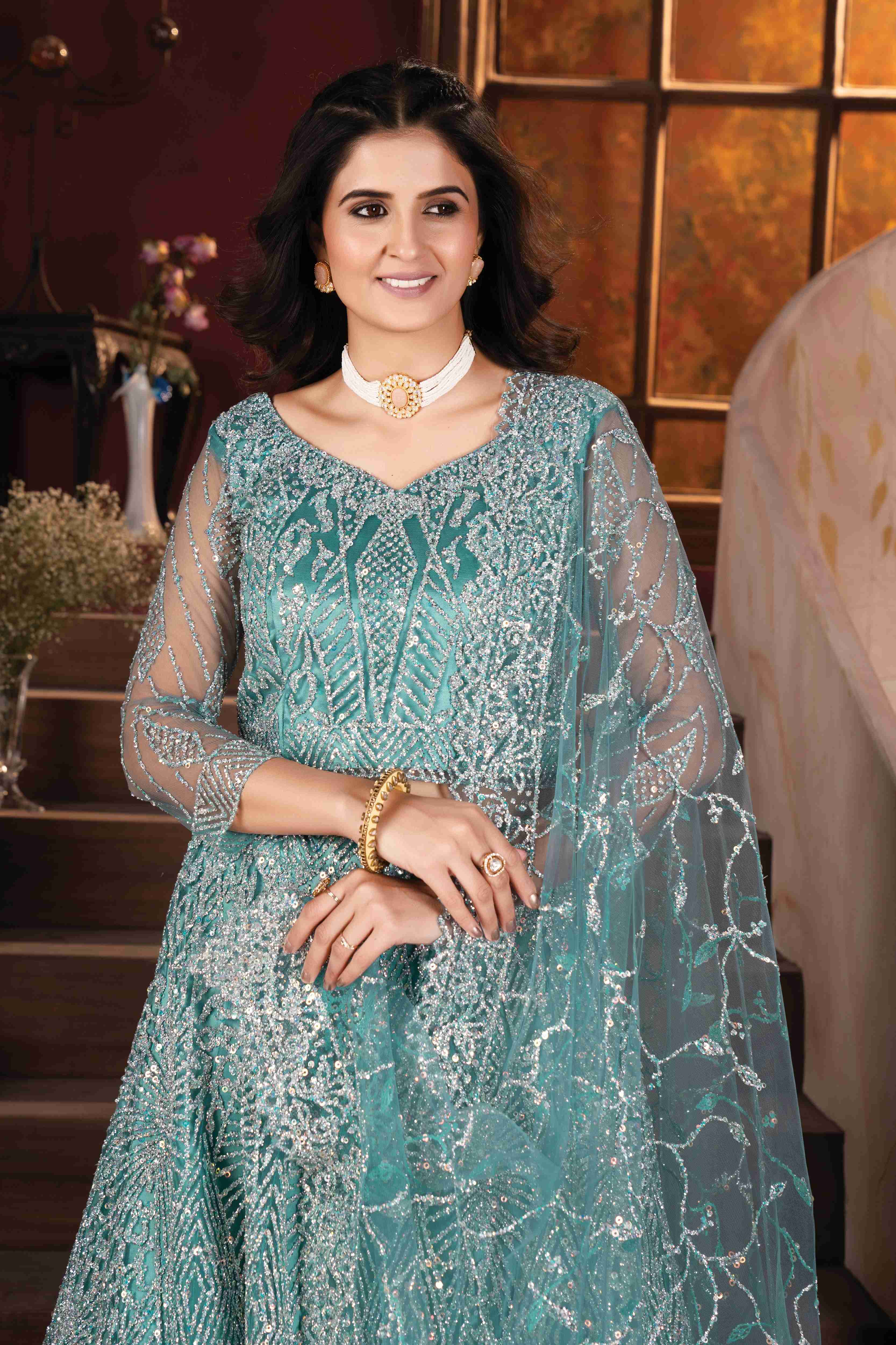 Awesome Aqua Blue Zarkhan Daimond & Glitter Sequence Designer Net Bridal Lehenga Collection