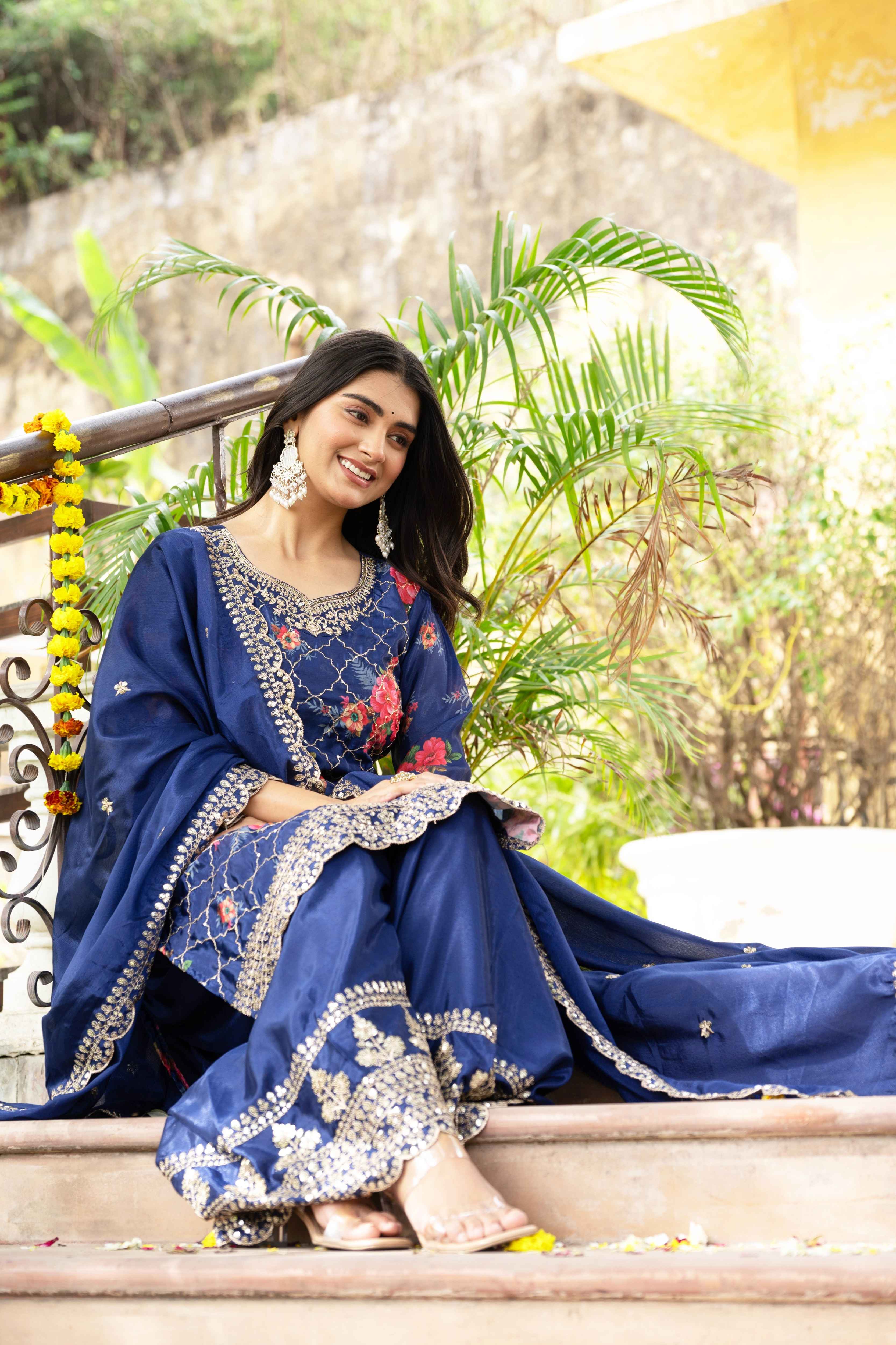 Glamorous Navy Blue Silk Digital Printed Embroidery Designer sharara Suit With Dupatta