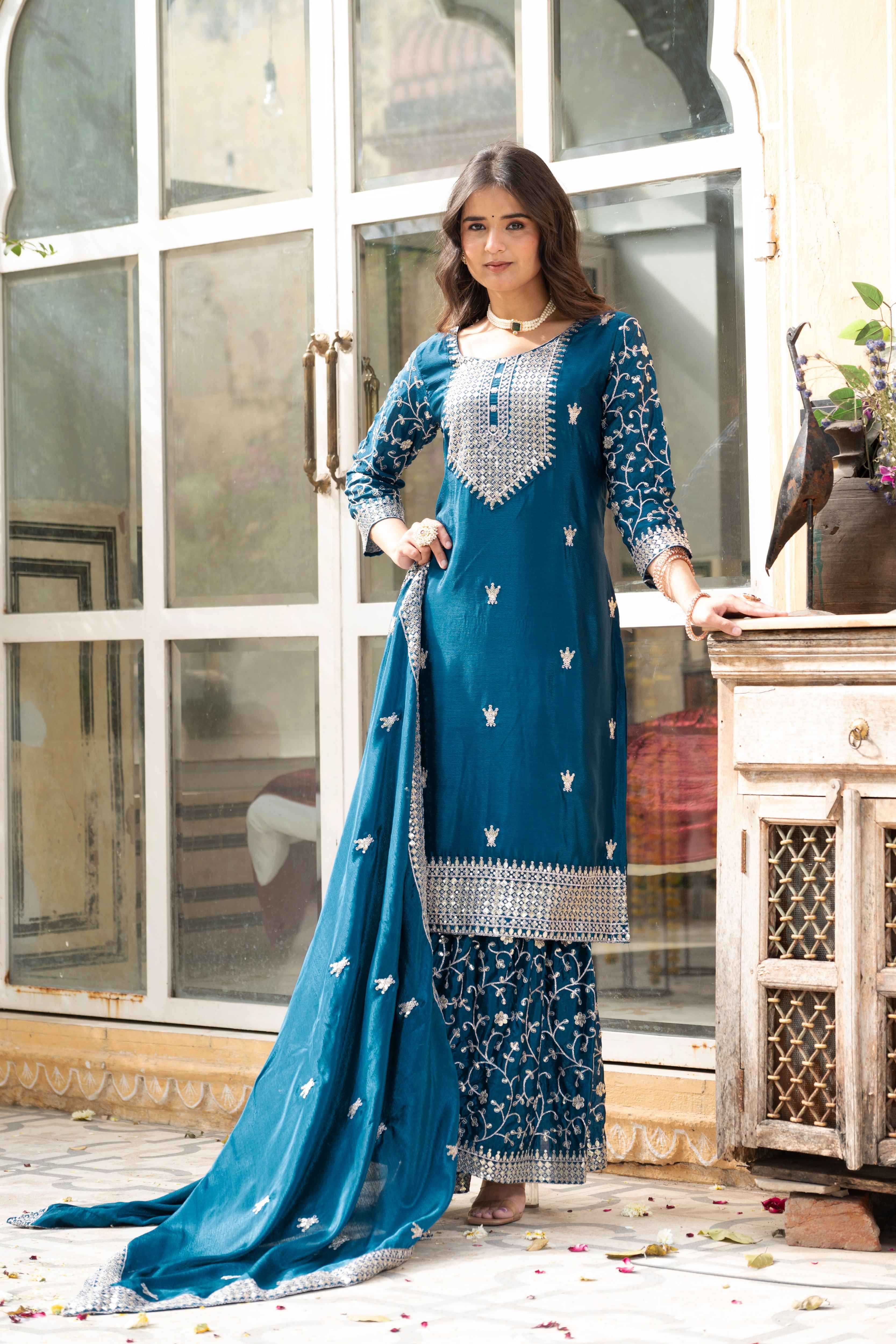 Beautiful Teal Blue  Chinon Sequence Embroidery Wedding Wear Sharara Suit With Dupatta