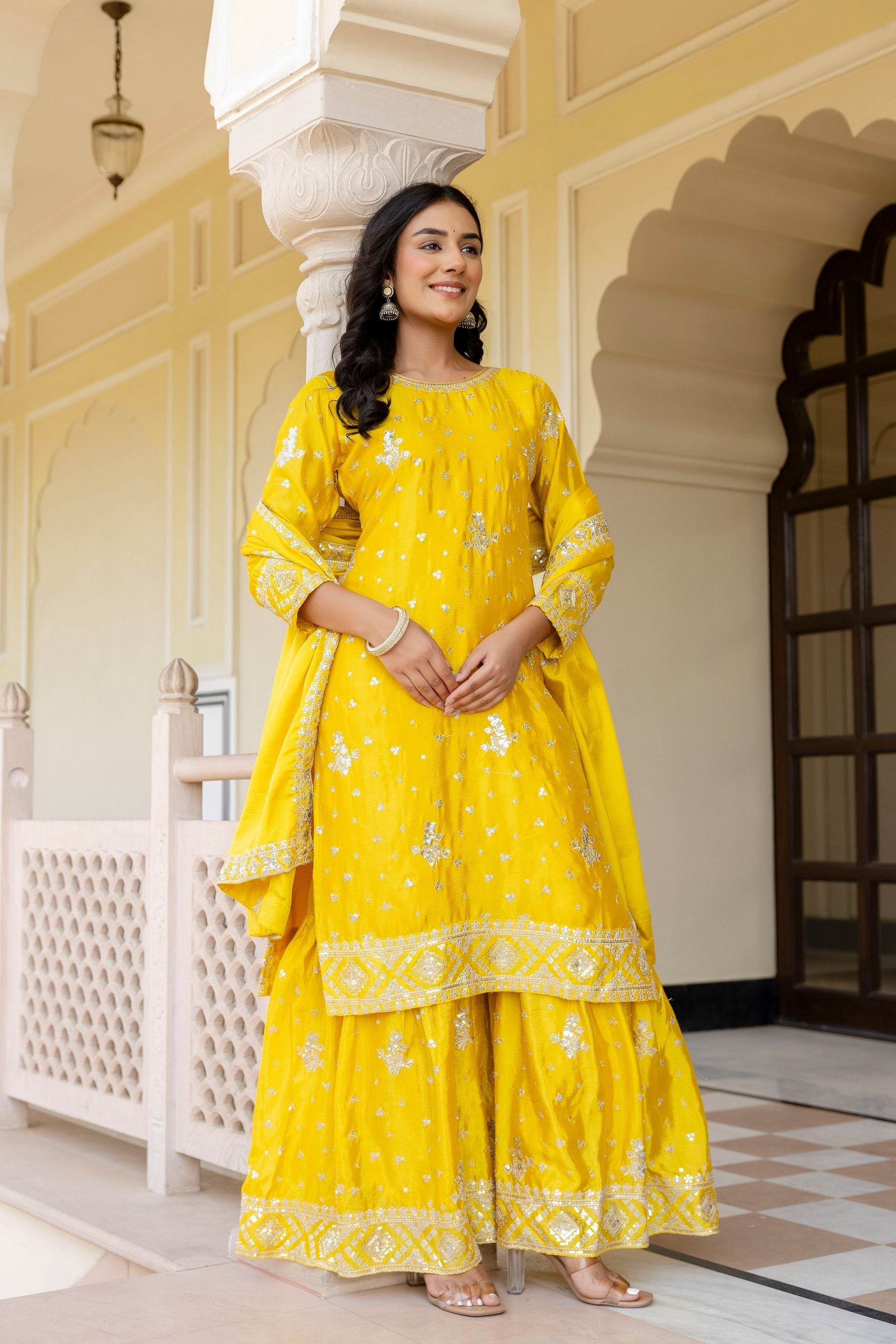 Fantastic Sunshine Yellow Chinon Embroidery Sequence Party Wear Sharara Suit With Dupatta