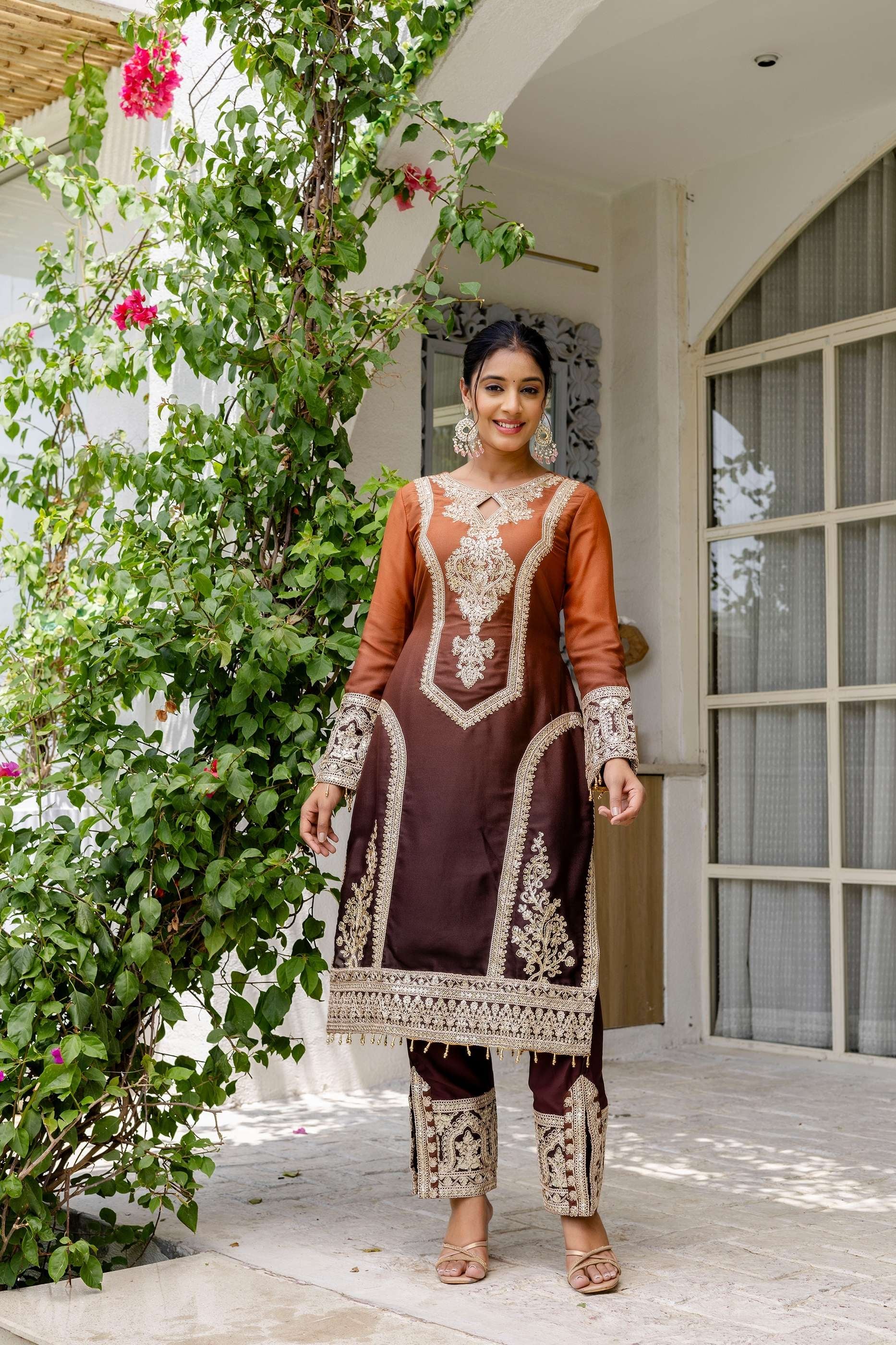 Alluring Coffe Brown pedding Embroidery Sequence Work Festival Wear Pant Suit