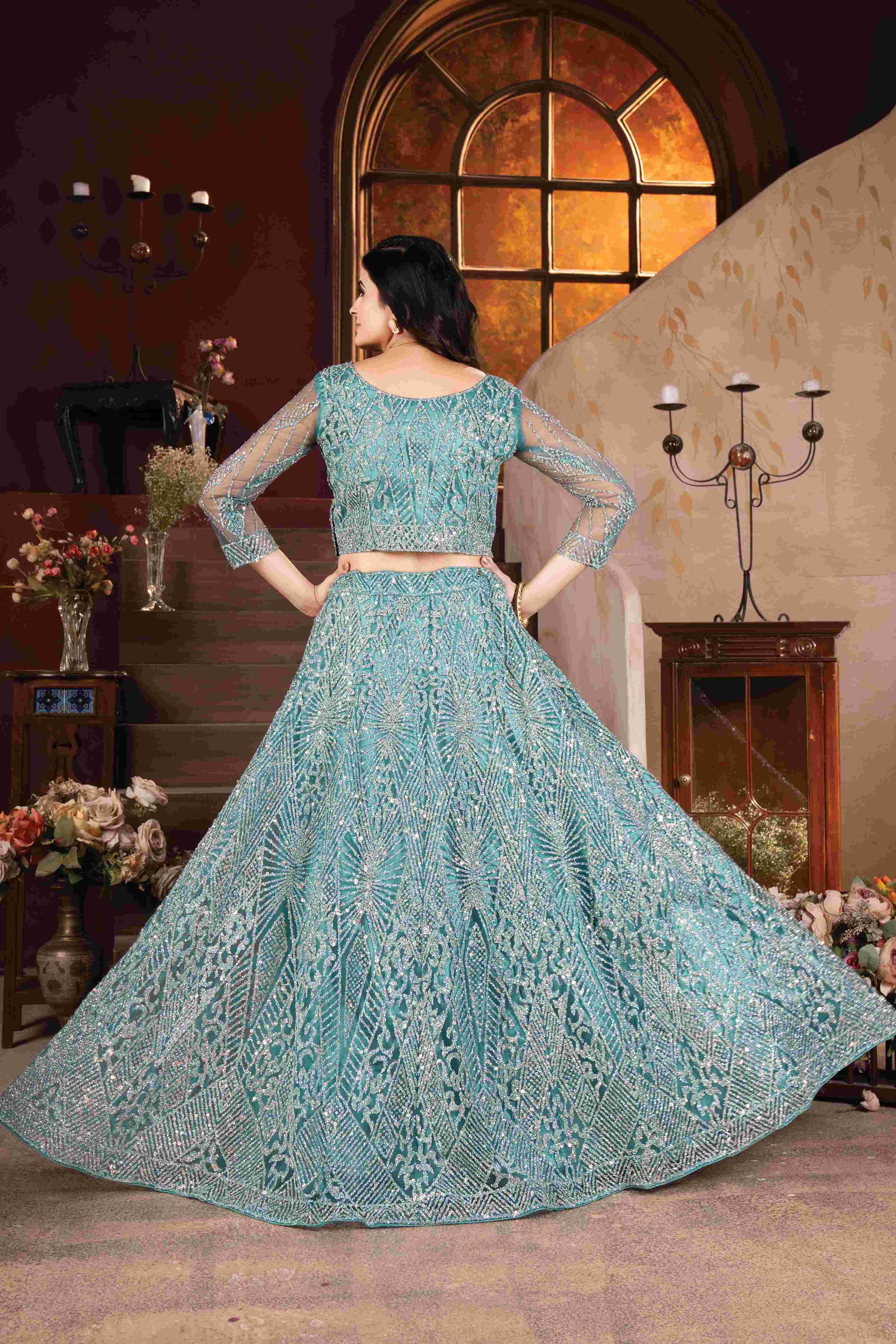 Awesome Aqua Blue Zarkhan Daimond & Glitter Sequence Designer Net Bridal Lehenga Collection