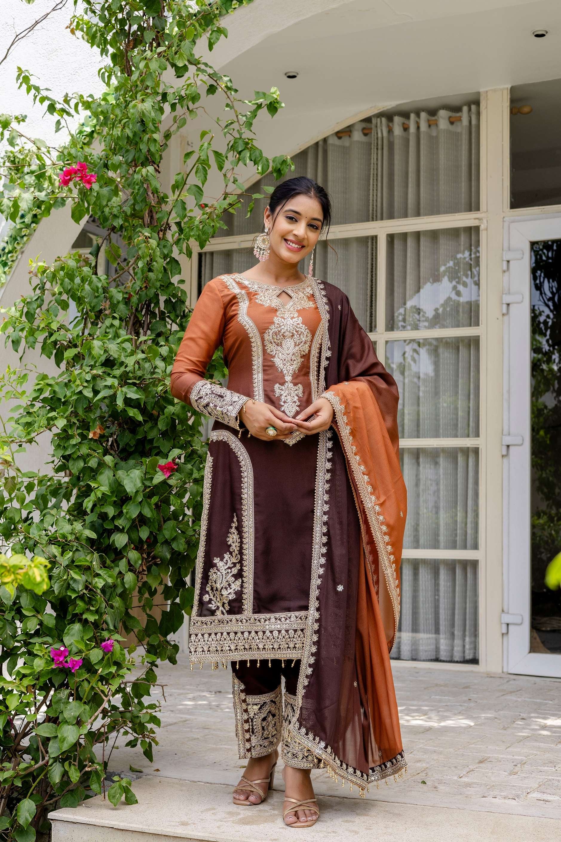 Alluring Coffe Brown pedding Embroidery Sequence Work Festival Wear Pant Suit