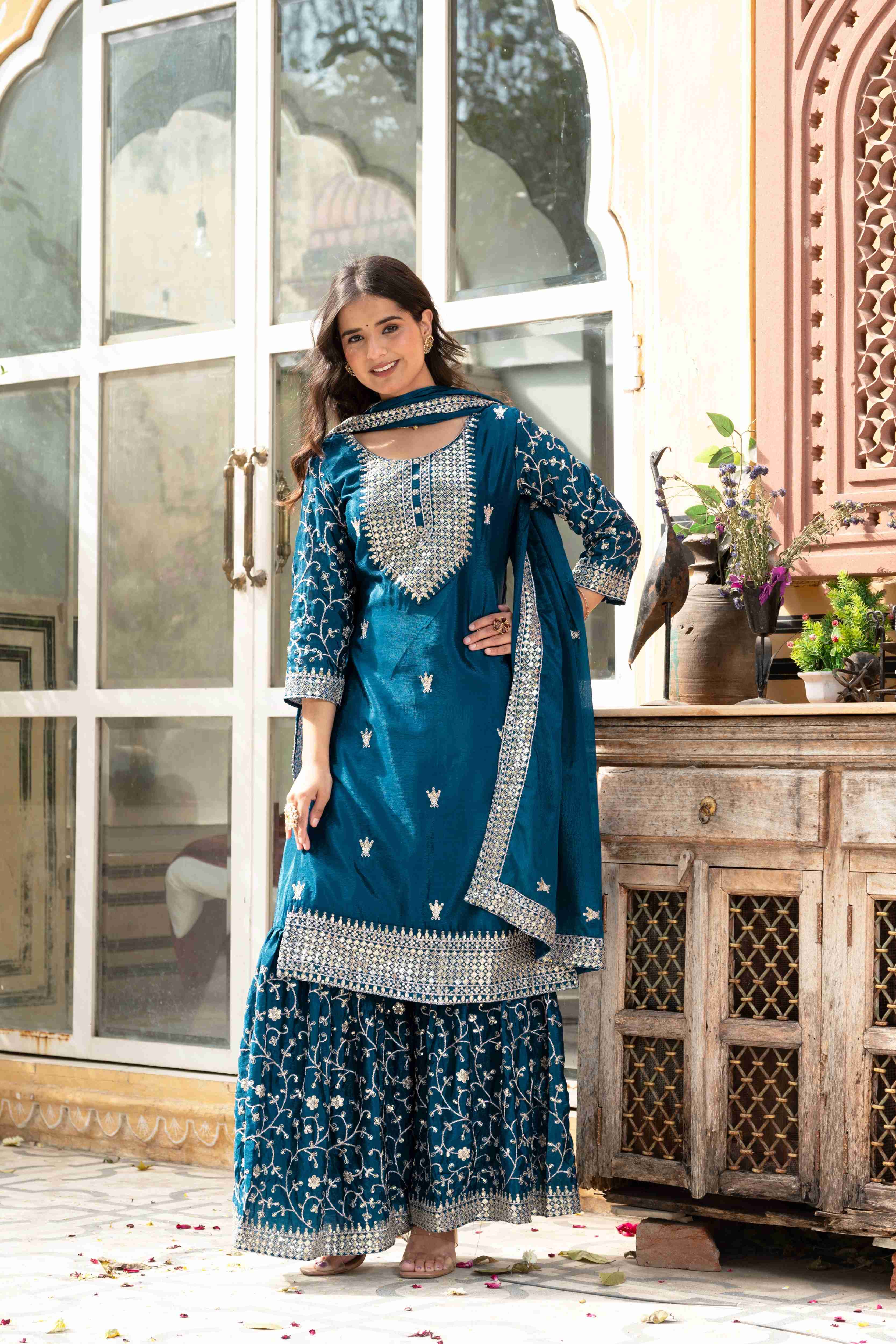 Beautiful Teal Blue  Chinon Sequence Embroidery Wedding Wear Sharara Suit With Dupatta