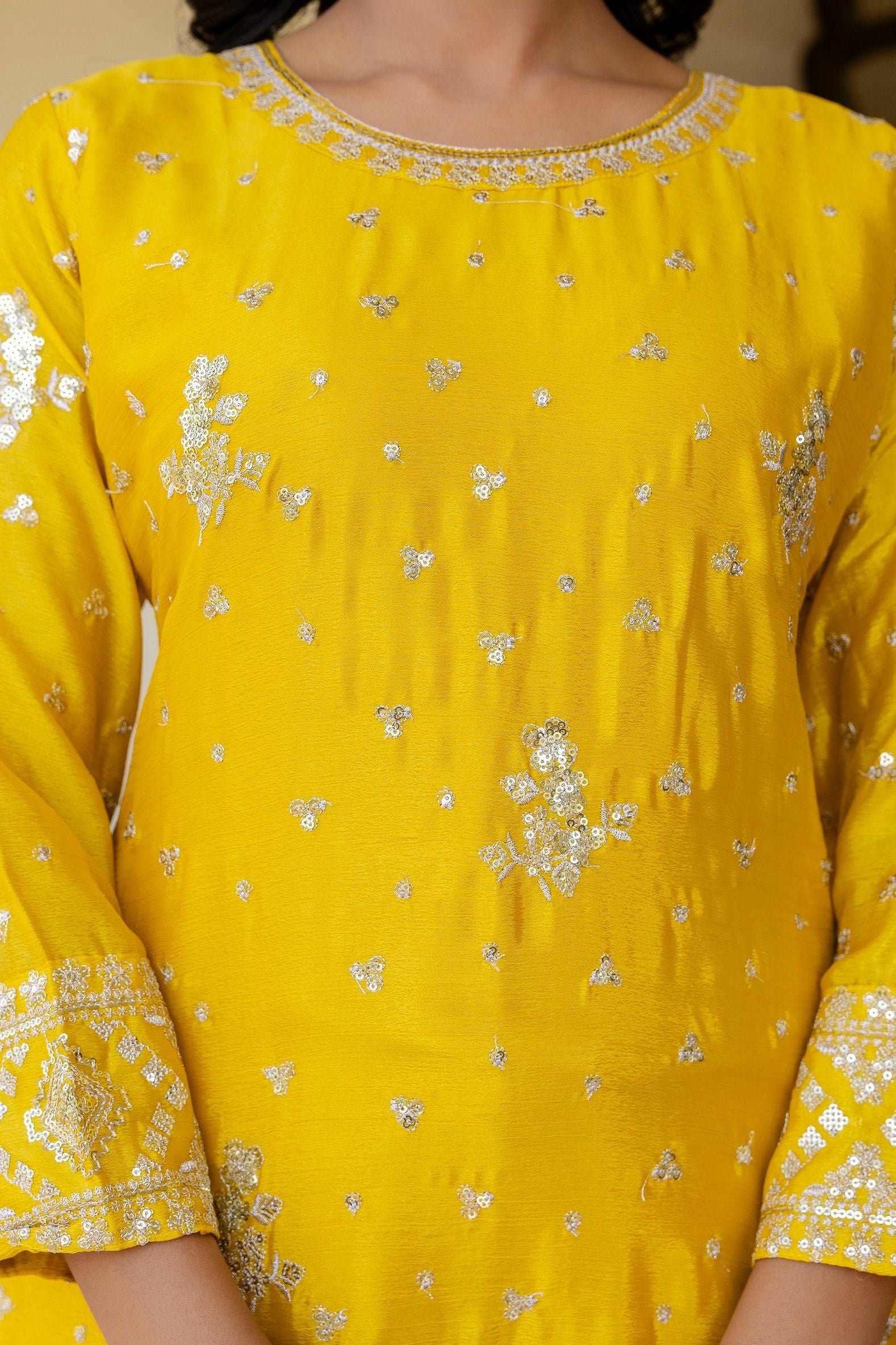 Fantastic Sunshine Yellow Chinon Embroidery Sequence Party Wear Sharara Suit With Dupatta