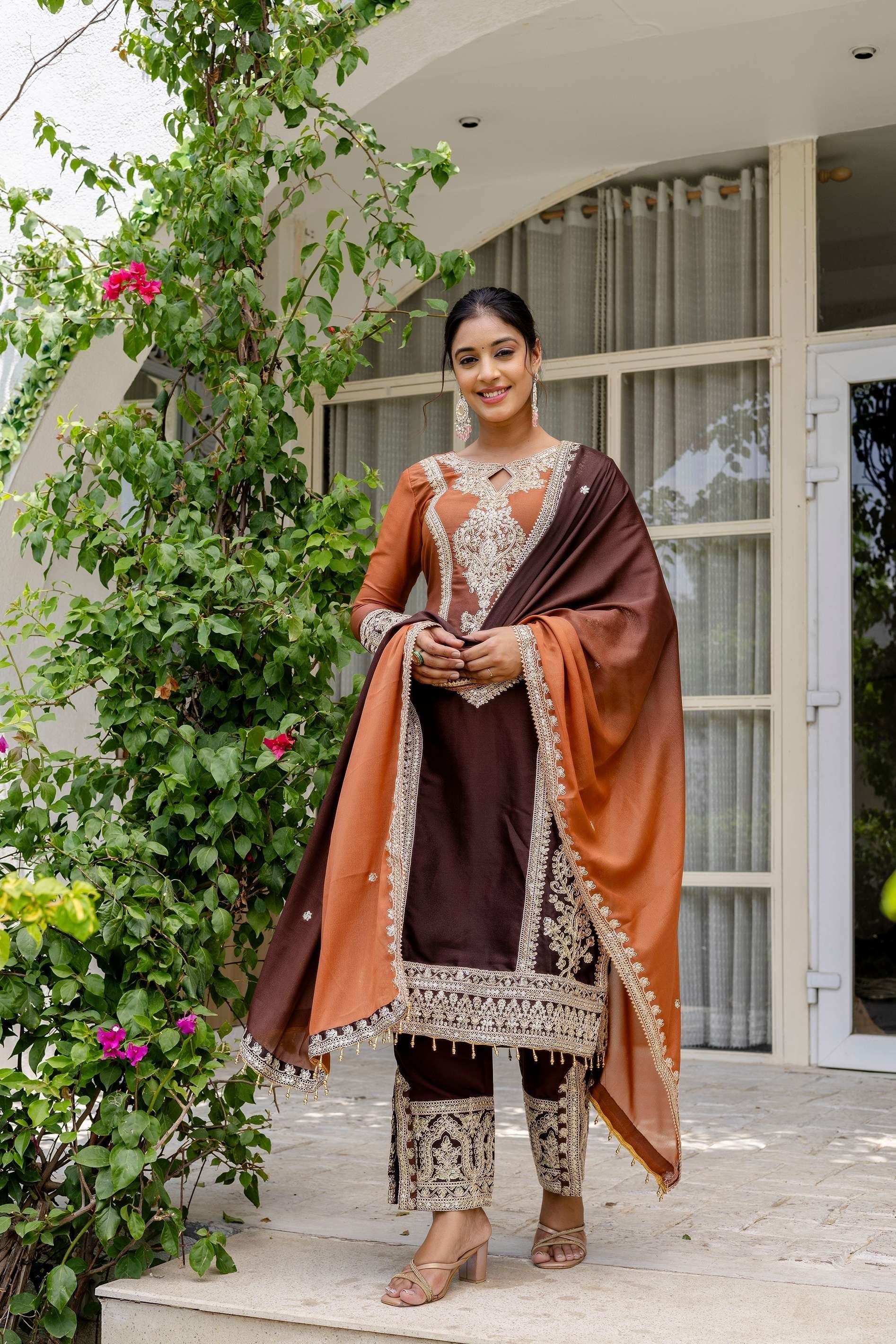 Alluring Coffe Brown pedding Embroidery Sequence Work Festival Wear Pant Suit